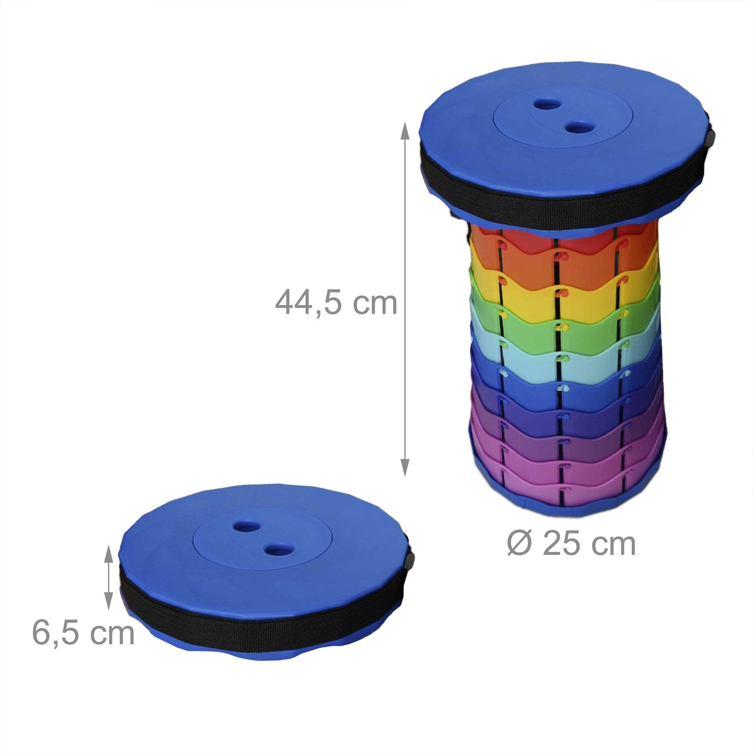 Un taburete plegable de colores del arcoíris, mostrado plegado y extendido.