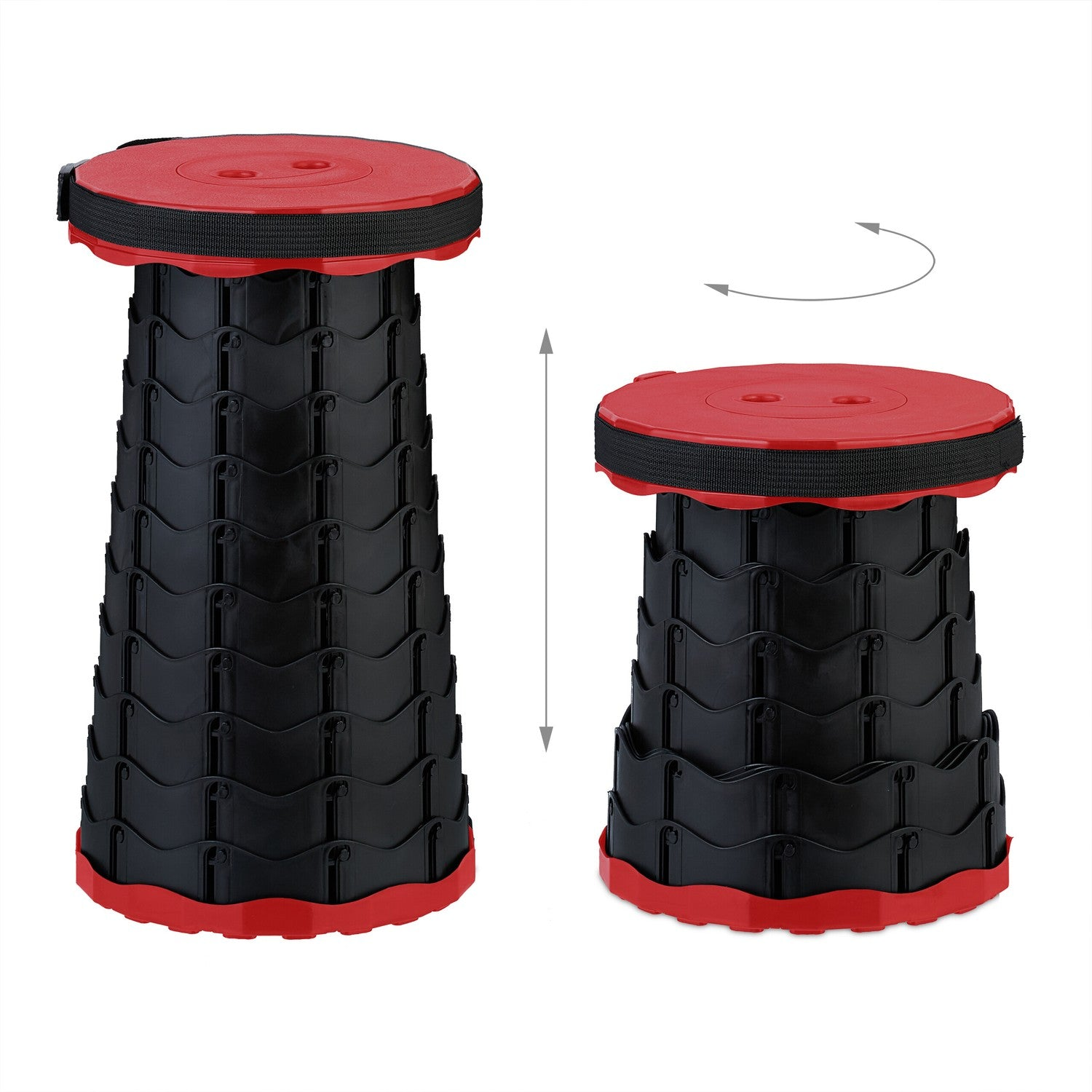 Dos taburetes plegables, negros y rojos, con flechas indicando ajuste de altura.