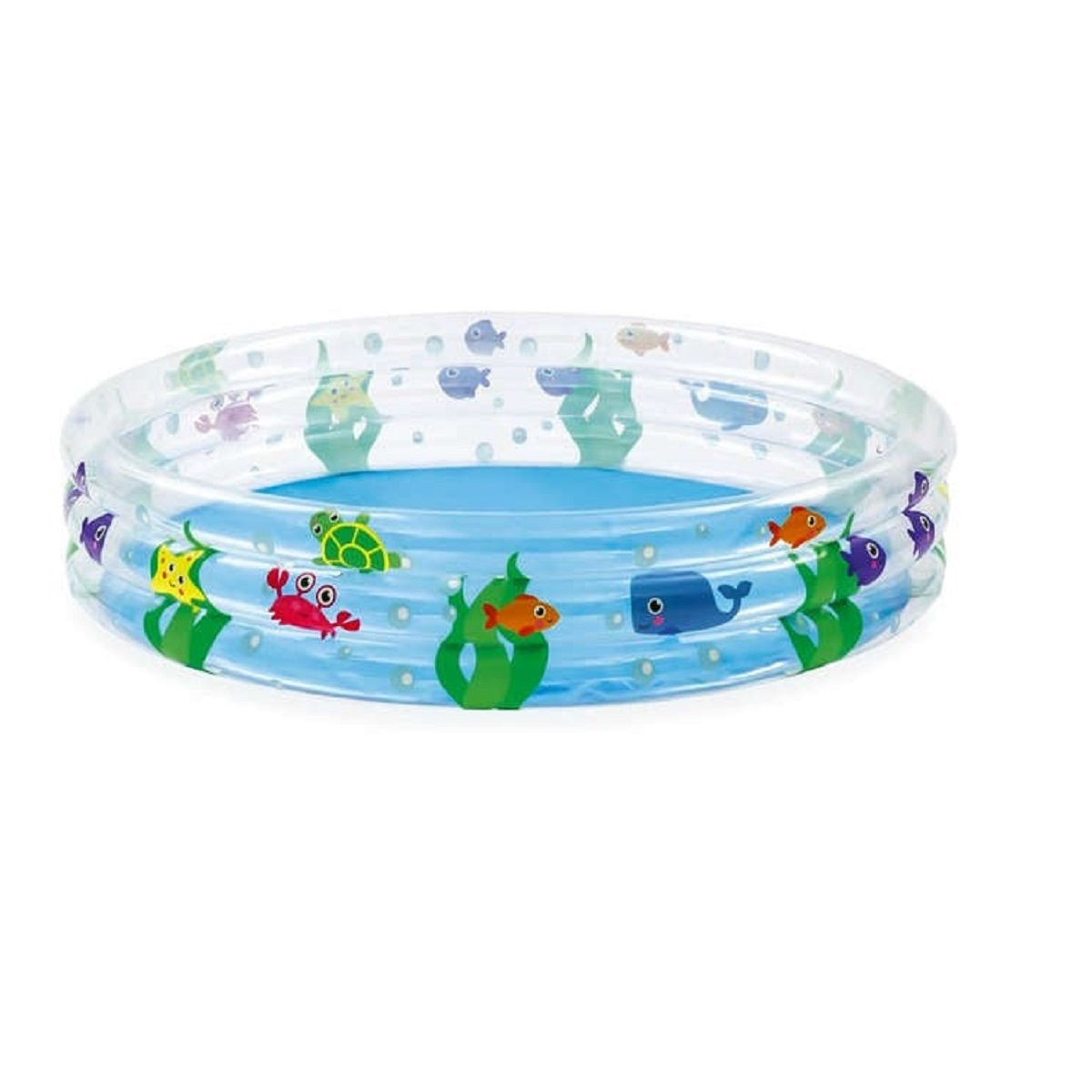 Piscina inflable con fondo azul y criaturas marinas como peces, cangrejos y tortugas.