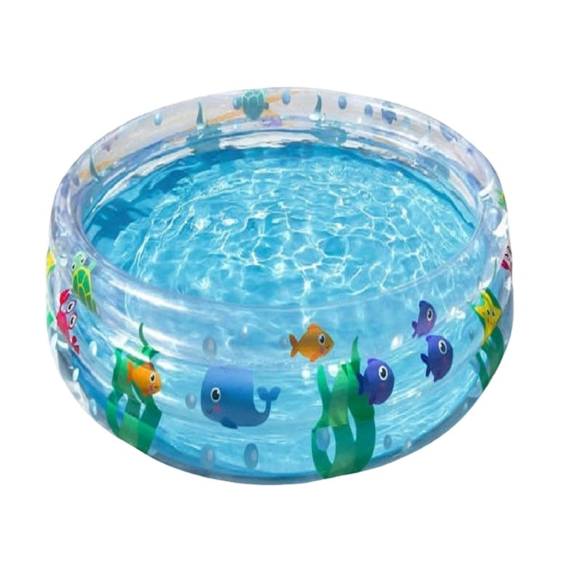 Piscina inflable infantil con tema submarino, con diseños de ballena, pez y tortuga.