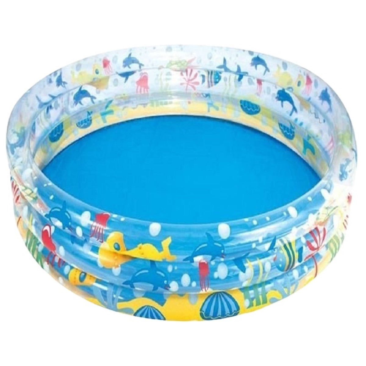 Una piscina inflable con criaturas marinas y agua azul.