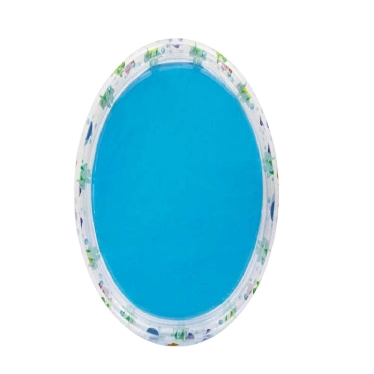 Una piscina infantil redonda y azul con estampados de animales coloridos en el borde.