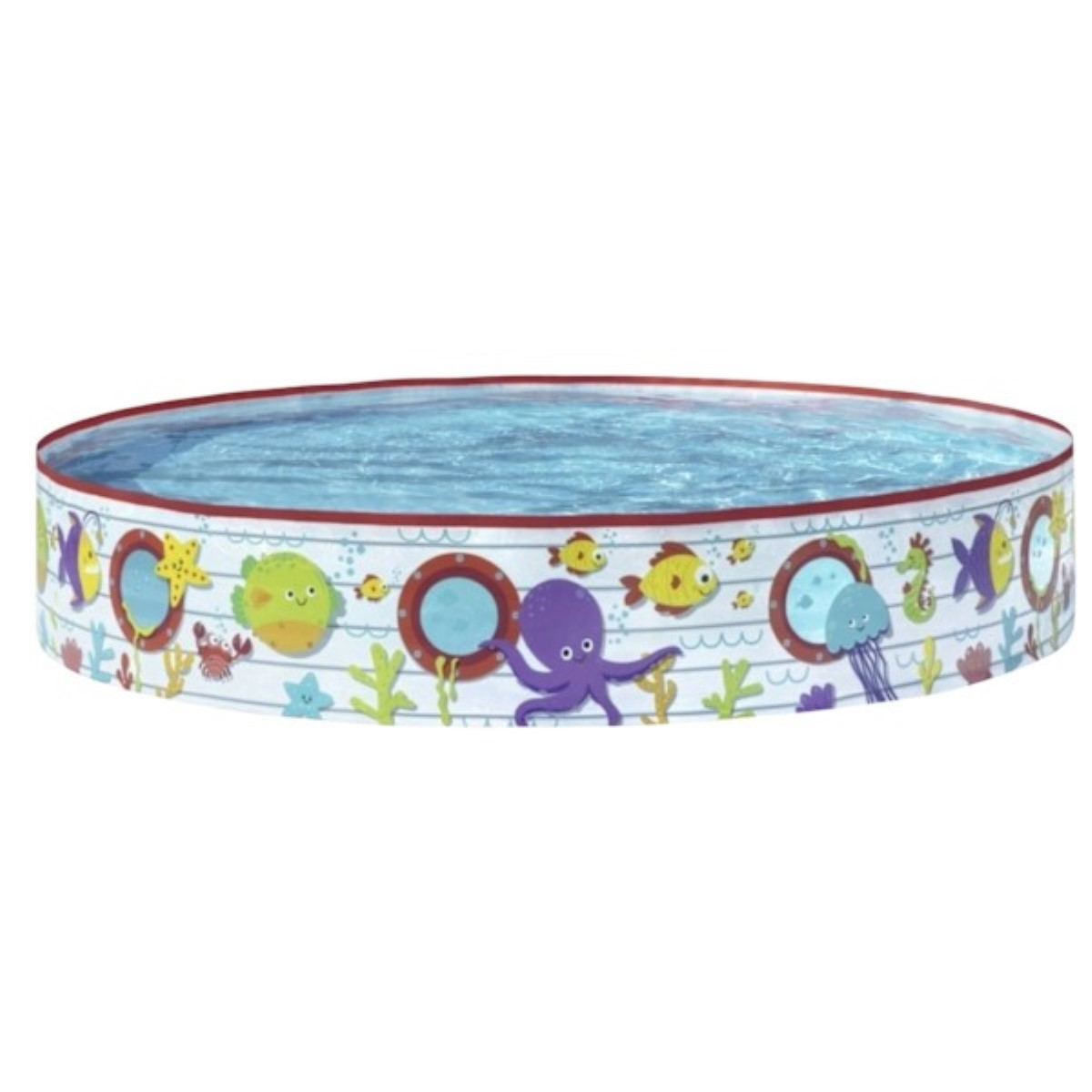 Una piscina infantil redonda con gráficos submarinos y un pulpo morado.