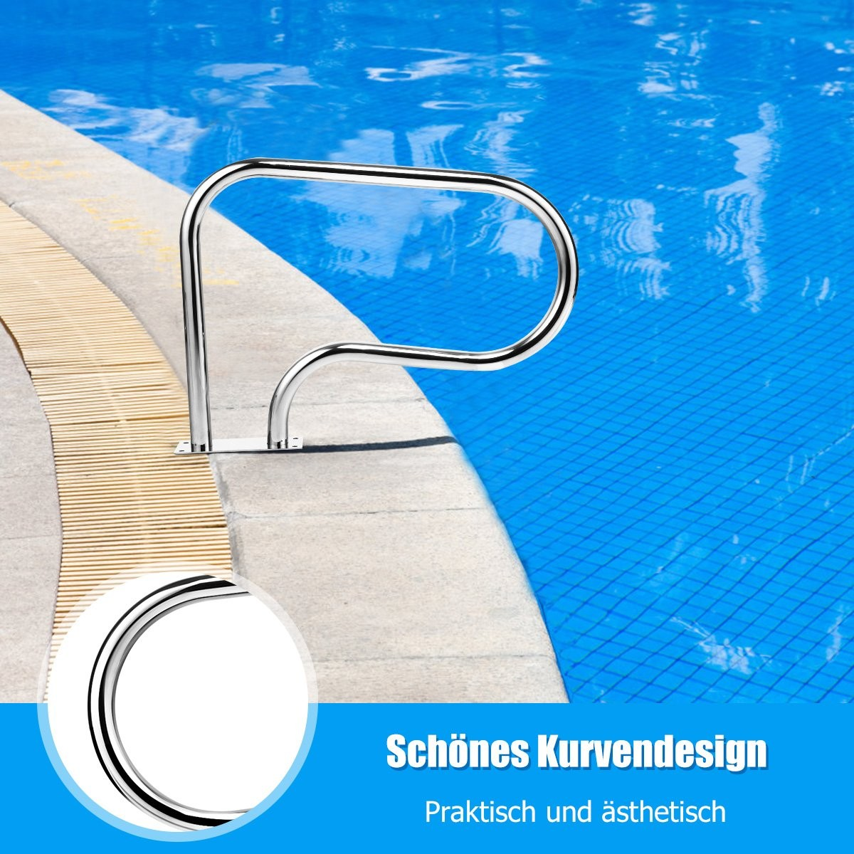 Un pasamanos de piscina de acero inoxidable brillante al borde de una piscina azul.