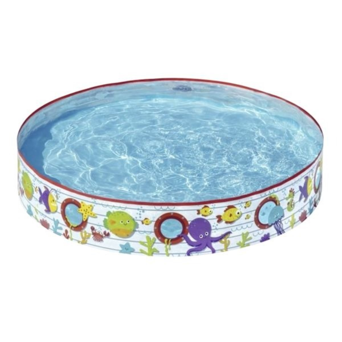 Una piscina infantil redonda con gráficos submarinos y juguetes.
