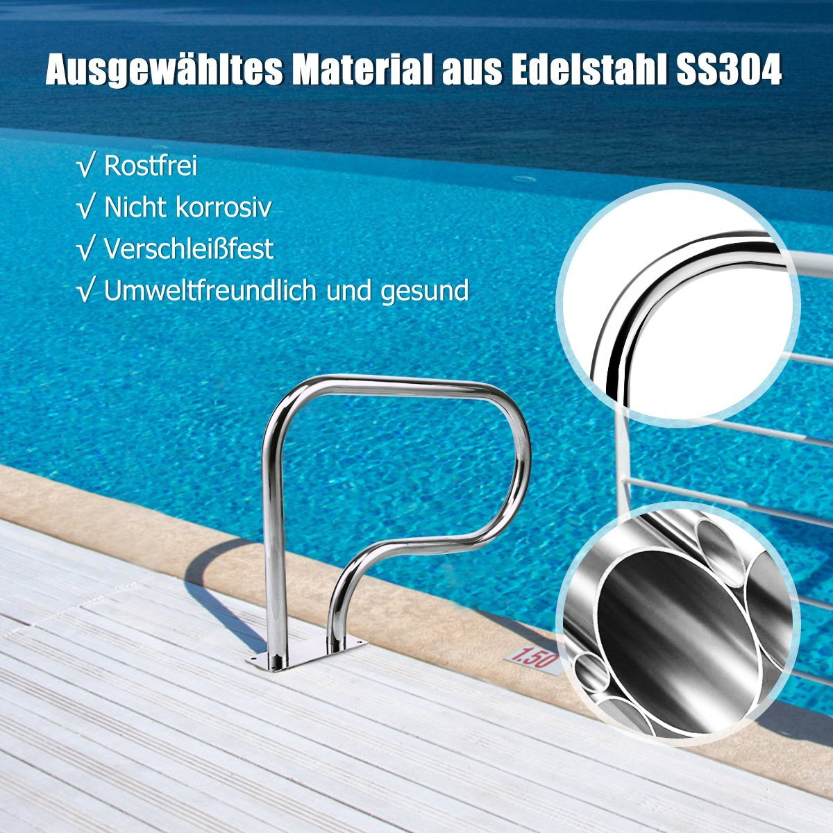 Escalera de piscina de acero inoxidable en el borde, con primer plano del material.