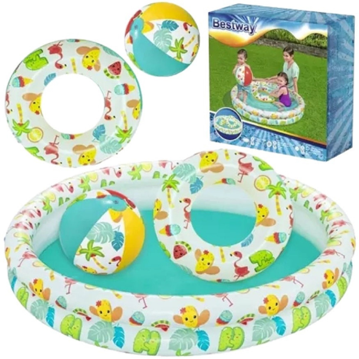 Piscina inflable con juguetes: pelota, flotador y piscina con motivos de animales.