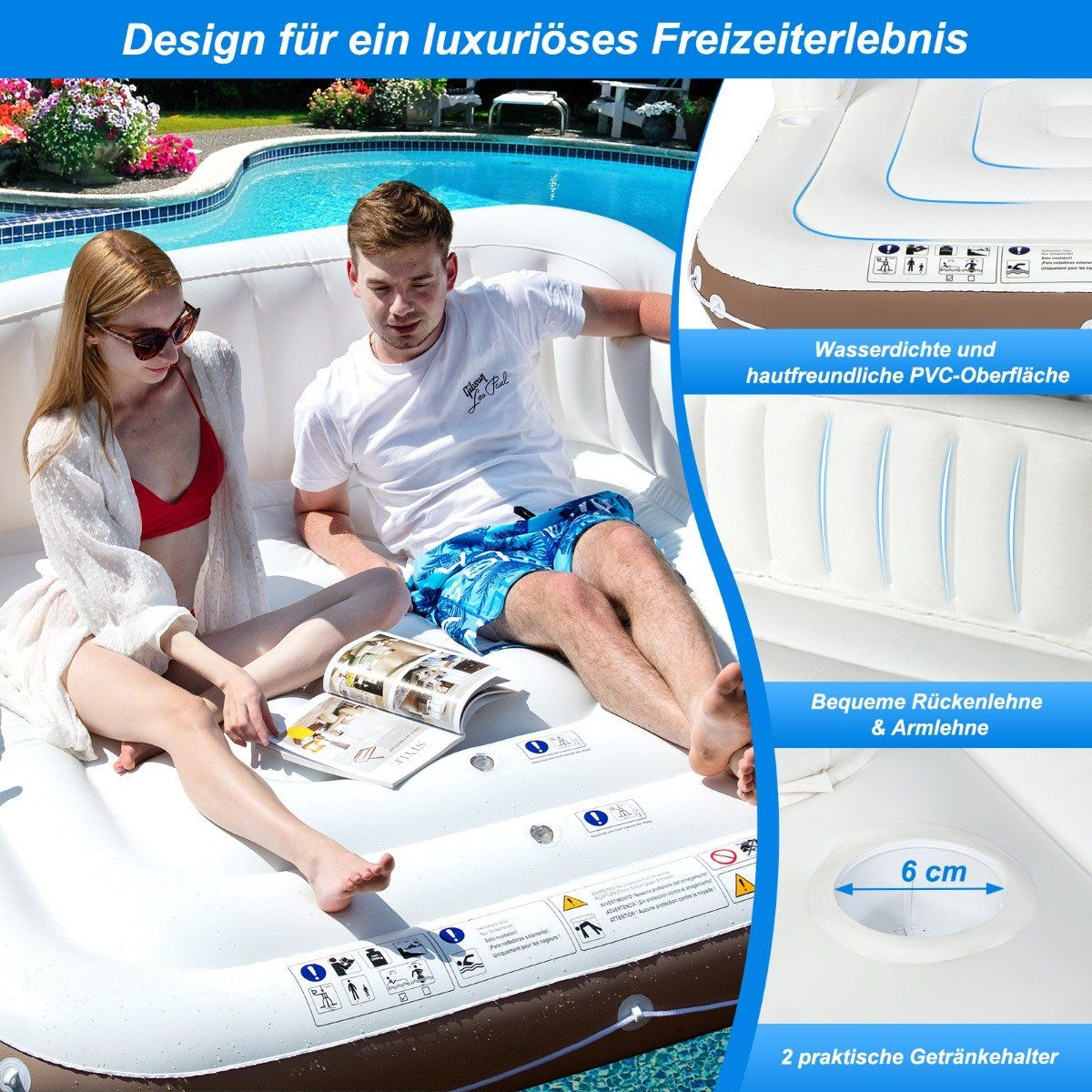Una pareja se relaja en un sofá inflable junto a una piscina. Hay portavasos.