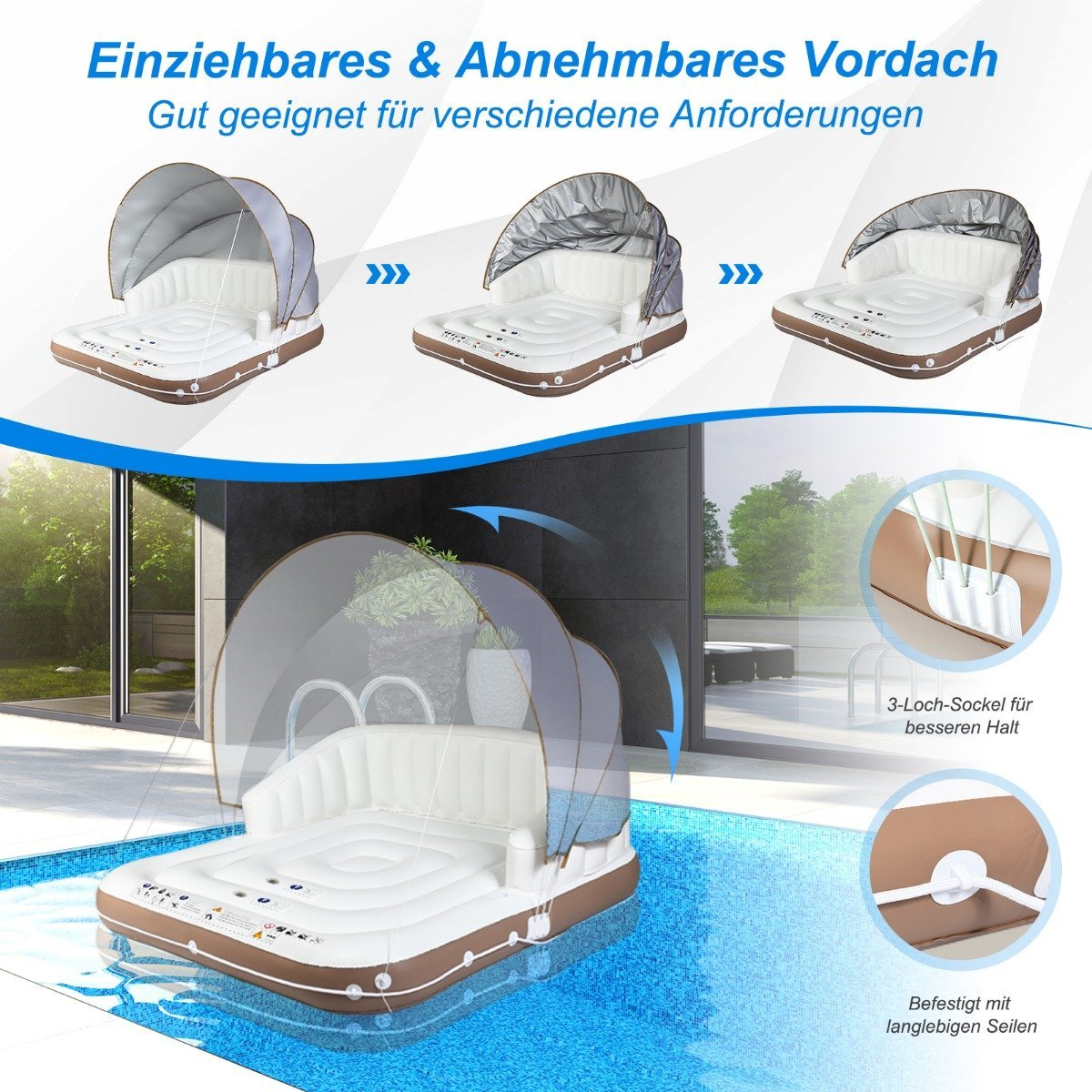 Tumbona inflable para piscina con dosel extraíble, para interior y exterior.
