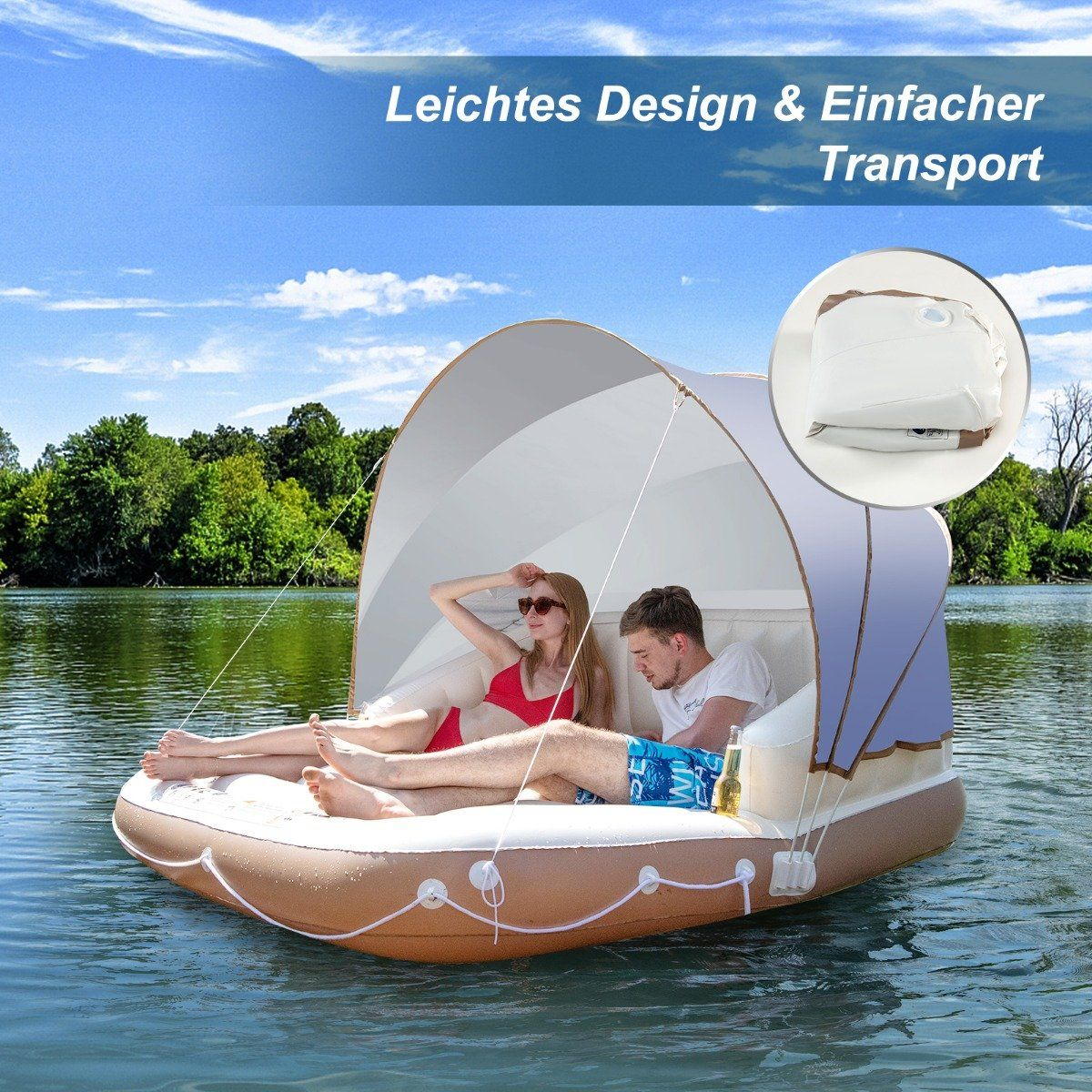 Una pareja se relaja en una balsa inflable con toldo en un lago.