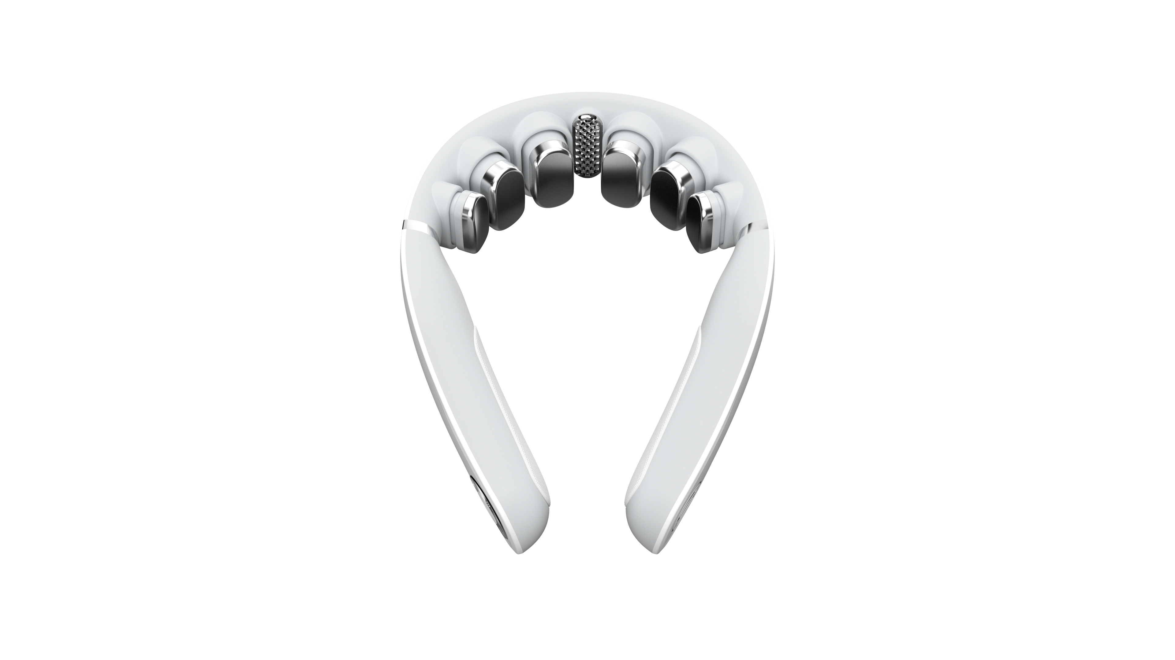 Ein weißes Nackenmassagegerät mit Metallknoten auf schwarzem Hintergrund.
