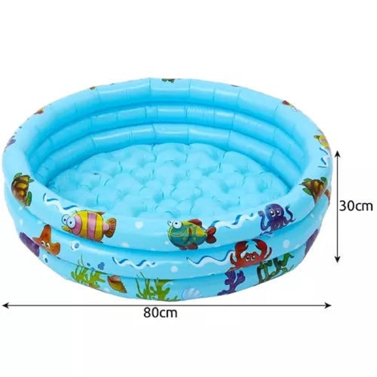 Una piscina inflable (80x30cm) con diseños de criaturas marinas como peces y cangrejos.