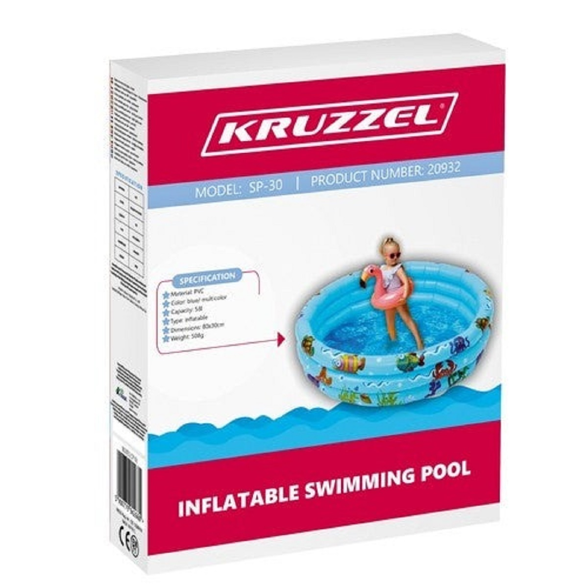 Embalaje de una piscina inflable azul con una niña y un flotador de flamenco.