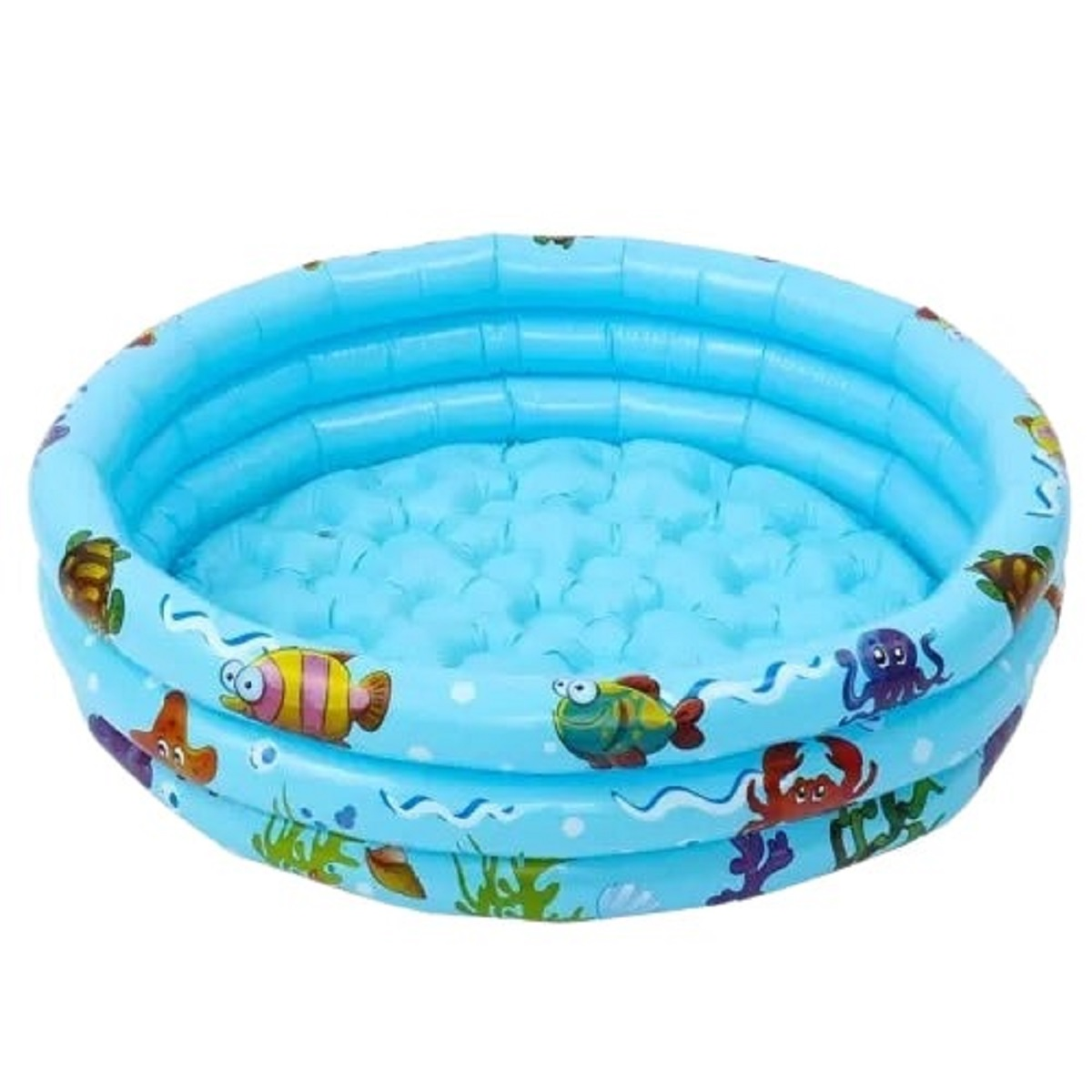 Una piscina infantil inflable azul claro decorada con criaturas marinas.