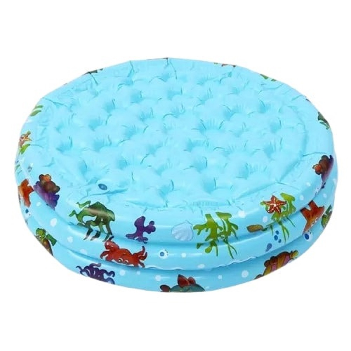 Una piscina infantil inflable azul con diseños de criaturas marinas.