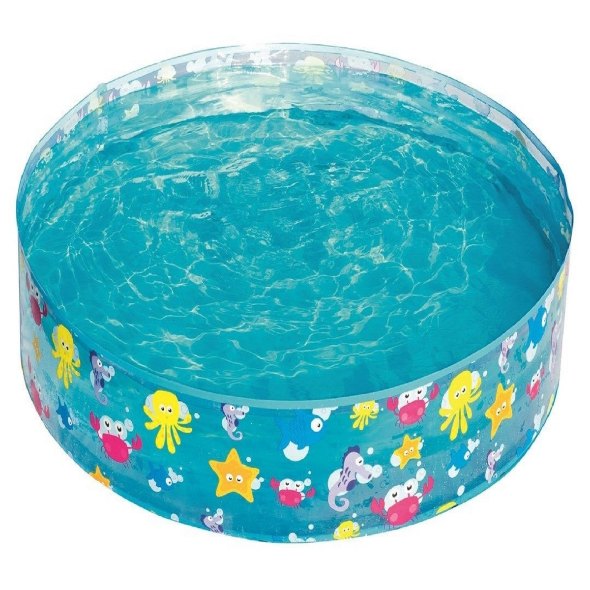 Una piscina infantil inflable redonda con criaturas marinas y agua azul clara.