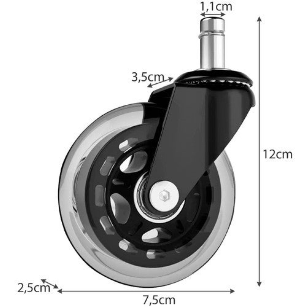 Rueda de silla de oficina negra con rueda transparente y medidas.