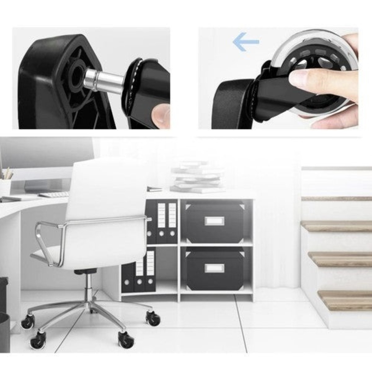 Silla de oficina con ruedas, escritorio y unidad de almacenamiento en una oficina moderna.