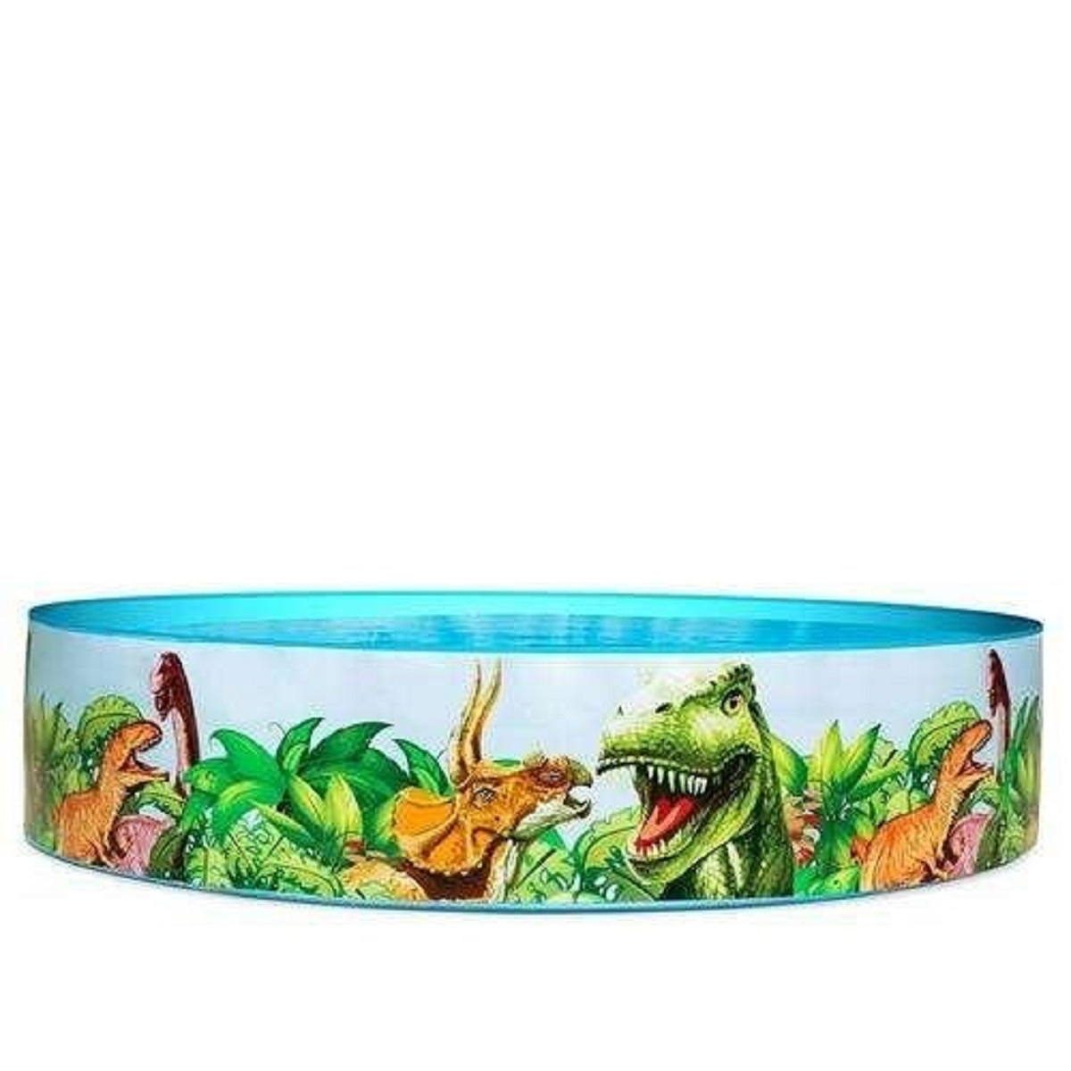 Una piscina inflable con tema de dinosaurios y agua azul.
