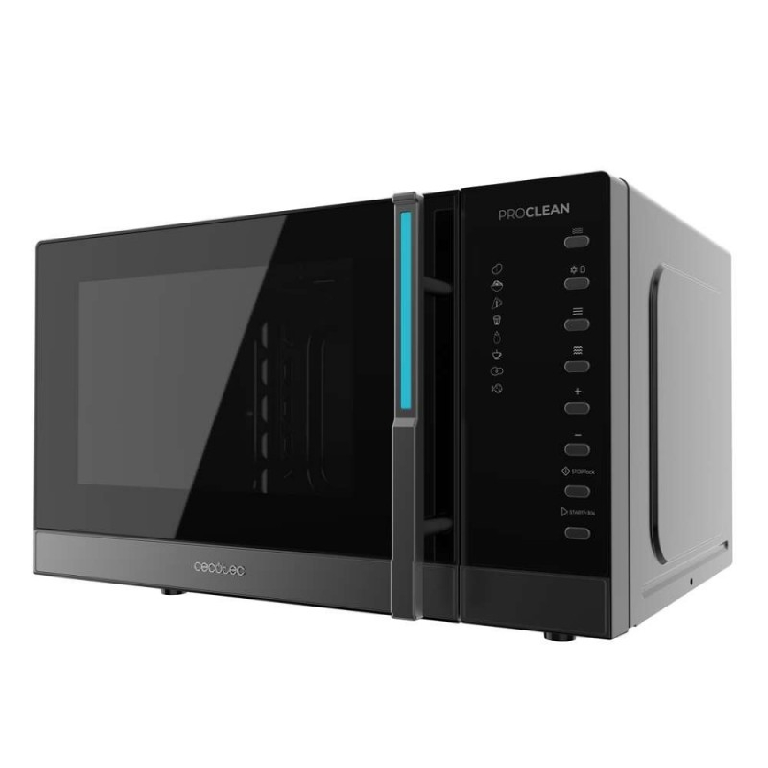 Forno a microonde Proclean nero con pannello di controllo digitale e manico blu.