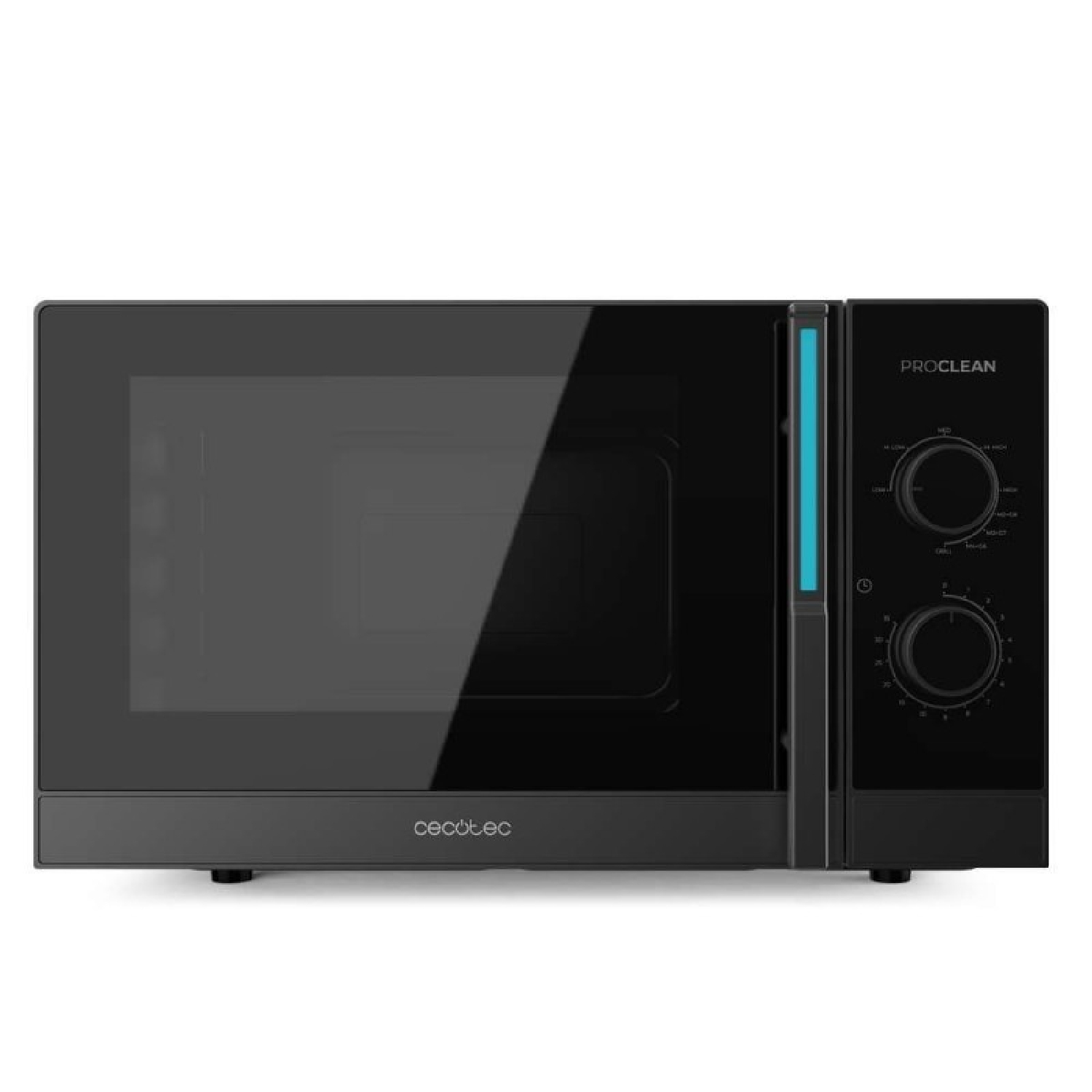Forno a microonde nero con porta in vetro e manopole.