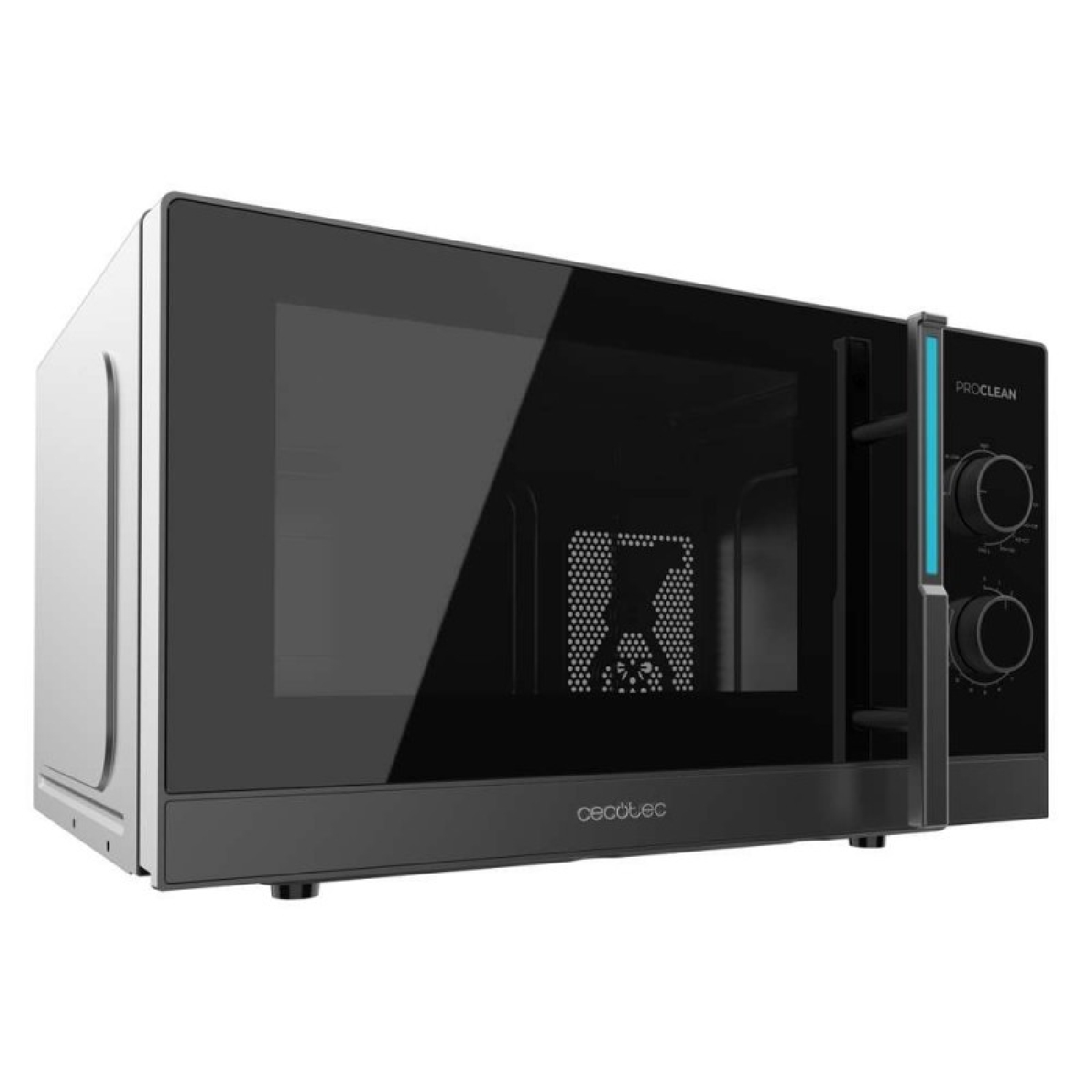 Un moderno forno a microonde nero con porta in vetro e accenti argentati.