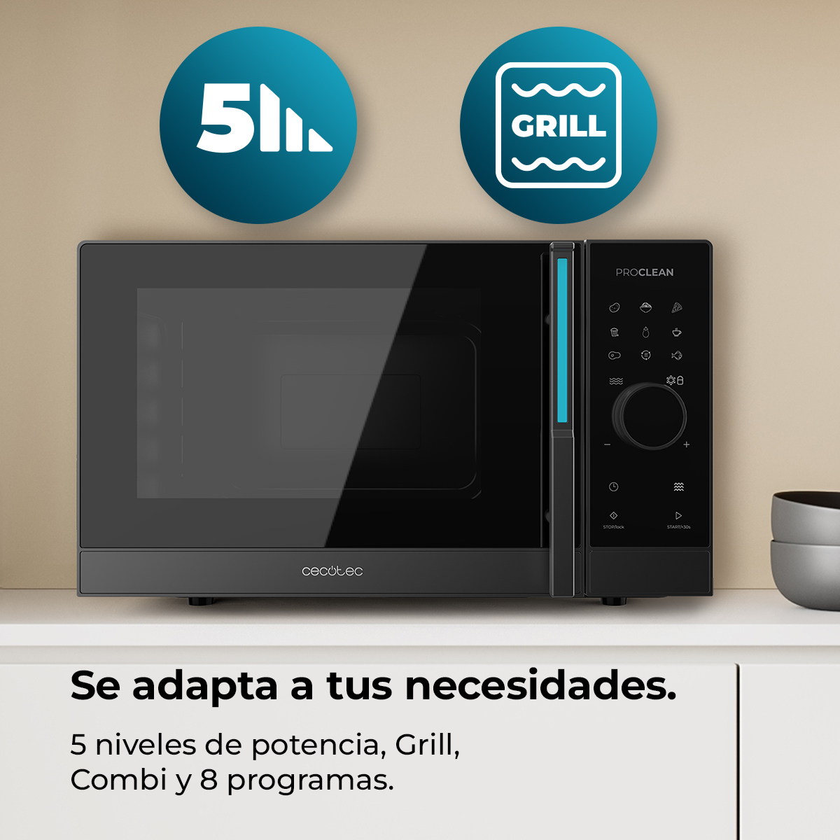 Forno a microonde nero con funzione grill e capacità 5L. Pannello di controllo con display.