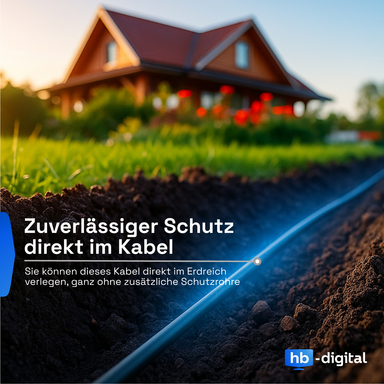 Ein blaues Kabel wird im Erdreich verlegt, ein Haus im Hintergrund.