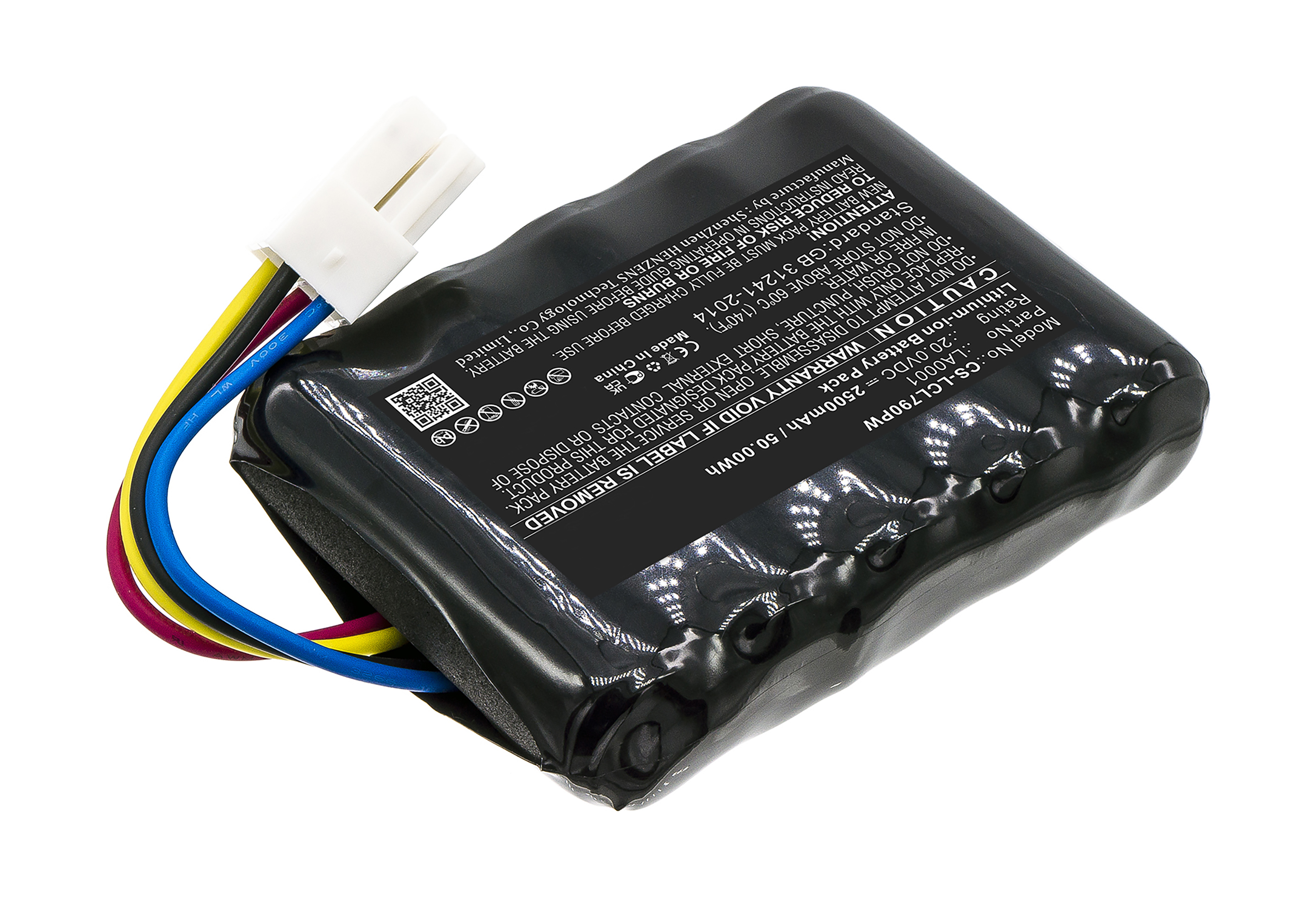 Schwarzer Lithium-Ionen-Akku mit 4 Kabeln (rot, blau, gelb, schwarz) und weißem Stecker.