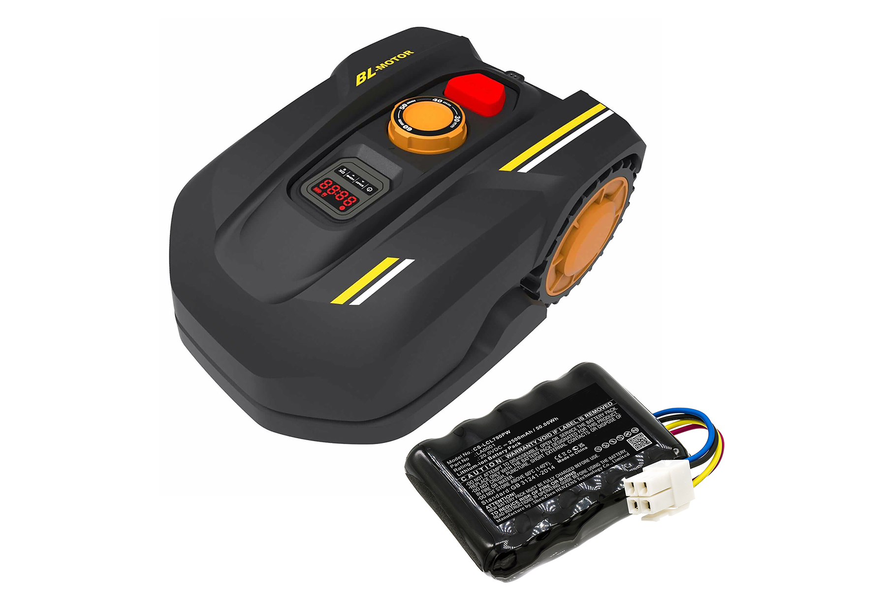 Ein schwarzer Rasenmähroboter mit gelben Akzenten und einer separaten Batterie.