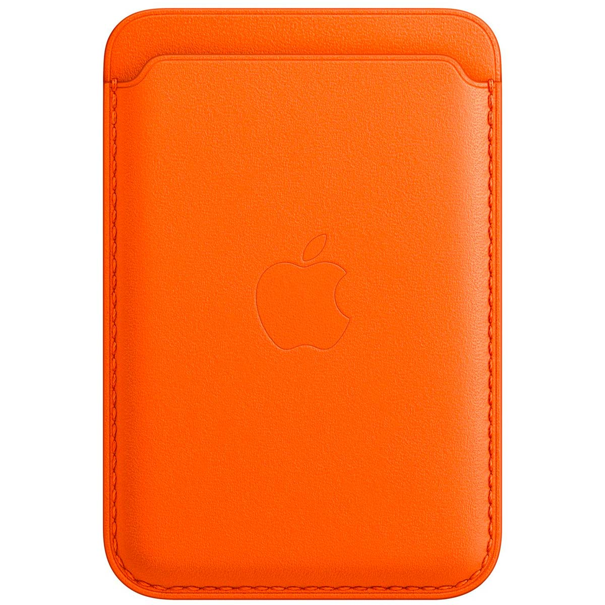 Orangefarbene Lederhülle mit geprägtem Apple-Logo und Nähten.
