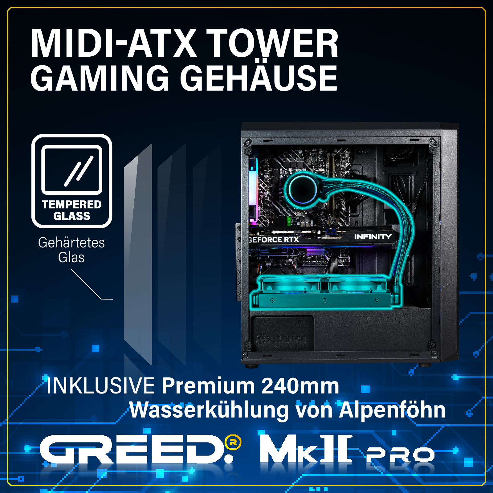 Otwarta obudowa midi-ATX z chłodzeniem wodnym, oświetleniem RGB i kartą graficzną RTX.