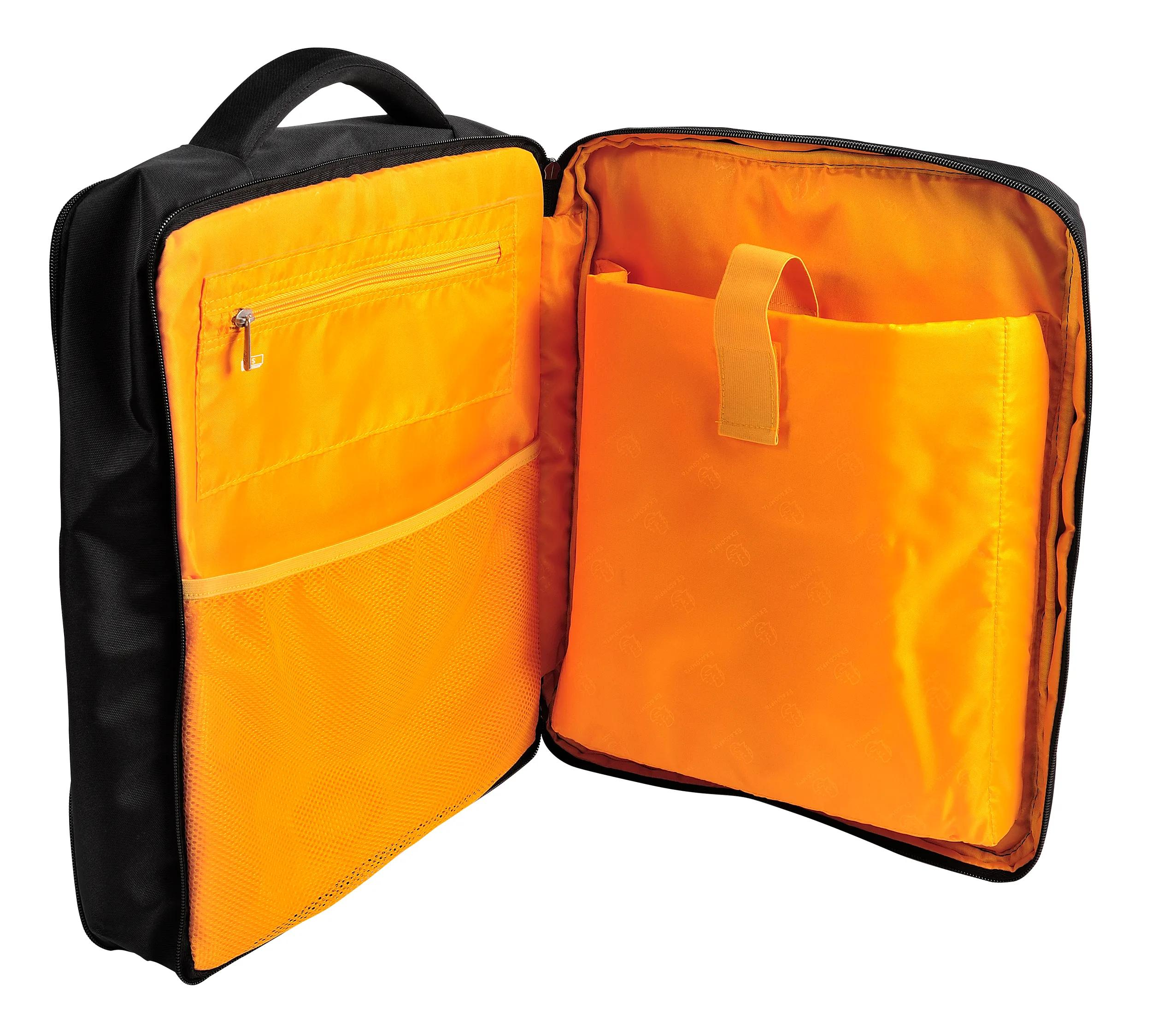 Una bolsa negra abierta con interior naranja brillante, mostrando bolsillos y compartimento.