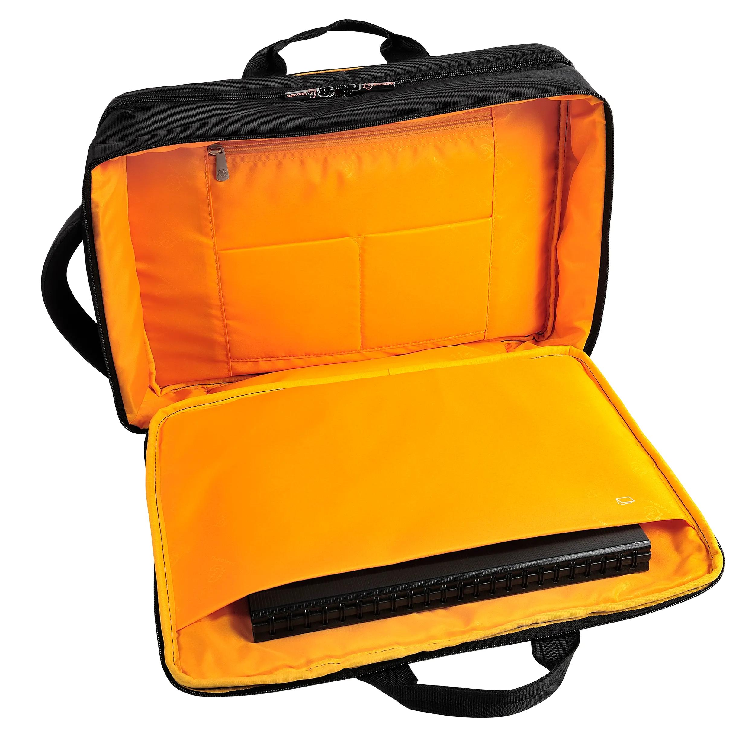 Maletín negro para portátil con forro interior naranja brillante y un portátil.