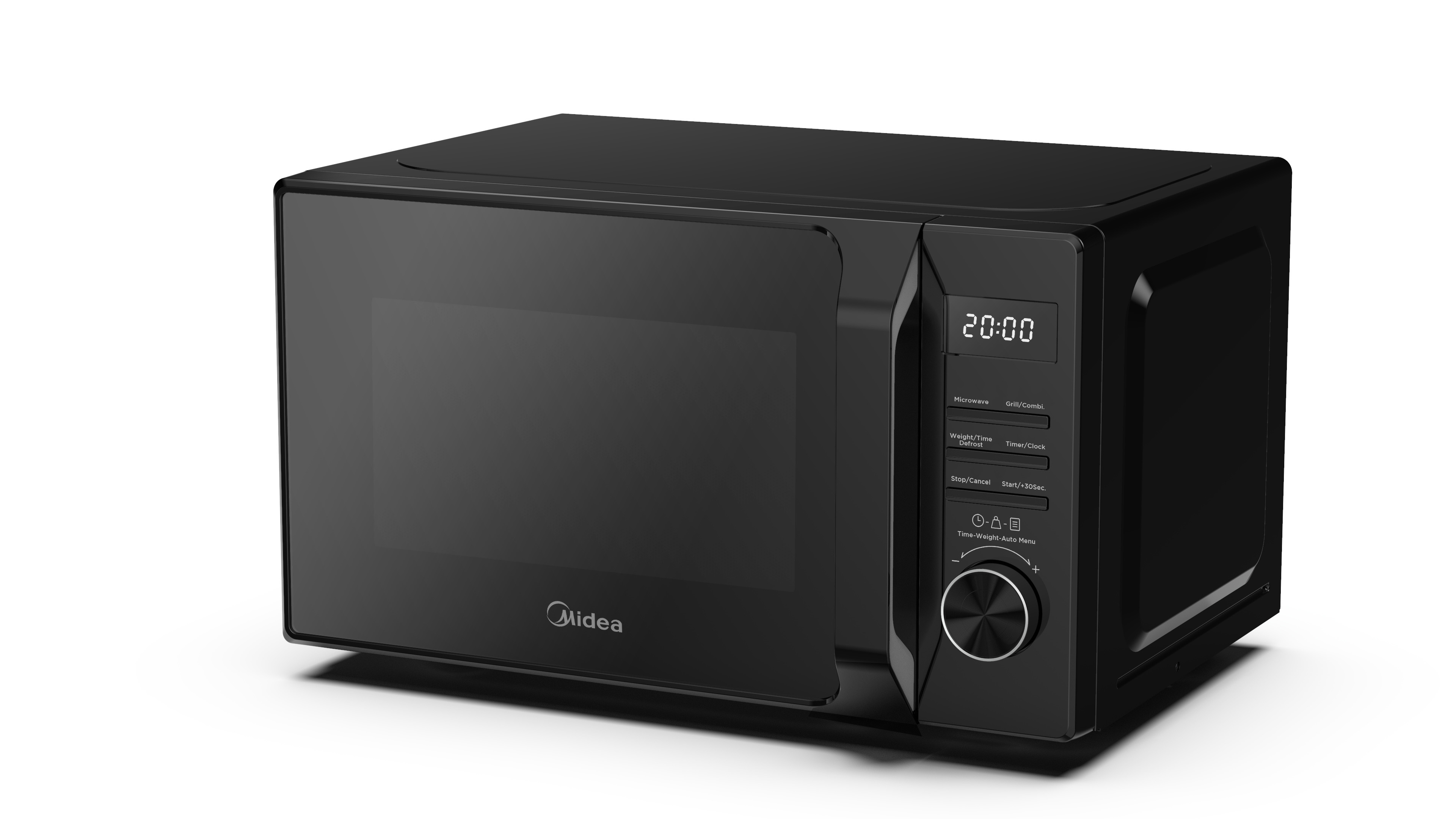 Forno a microonde nero con display digitale e pulsanti di controllo su sfondo bianco.