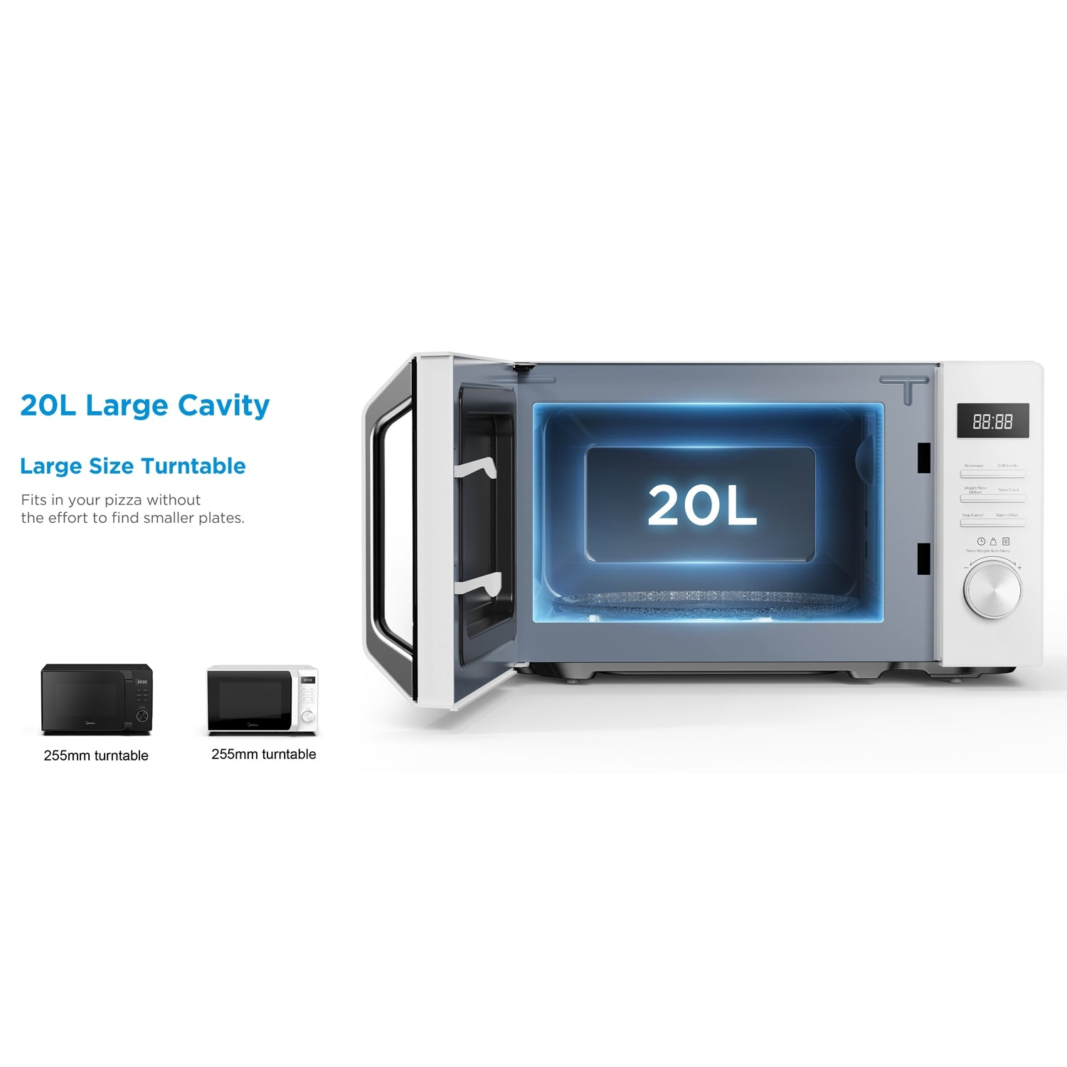 Microonde aperto con cavità da 20L, display digitale e pannello di controllo. Due microonde più piccoli.