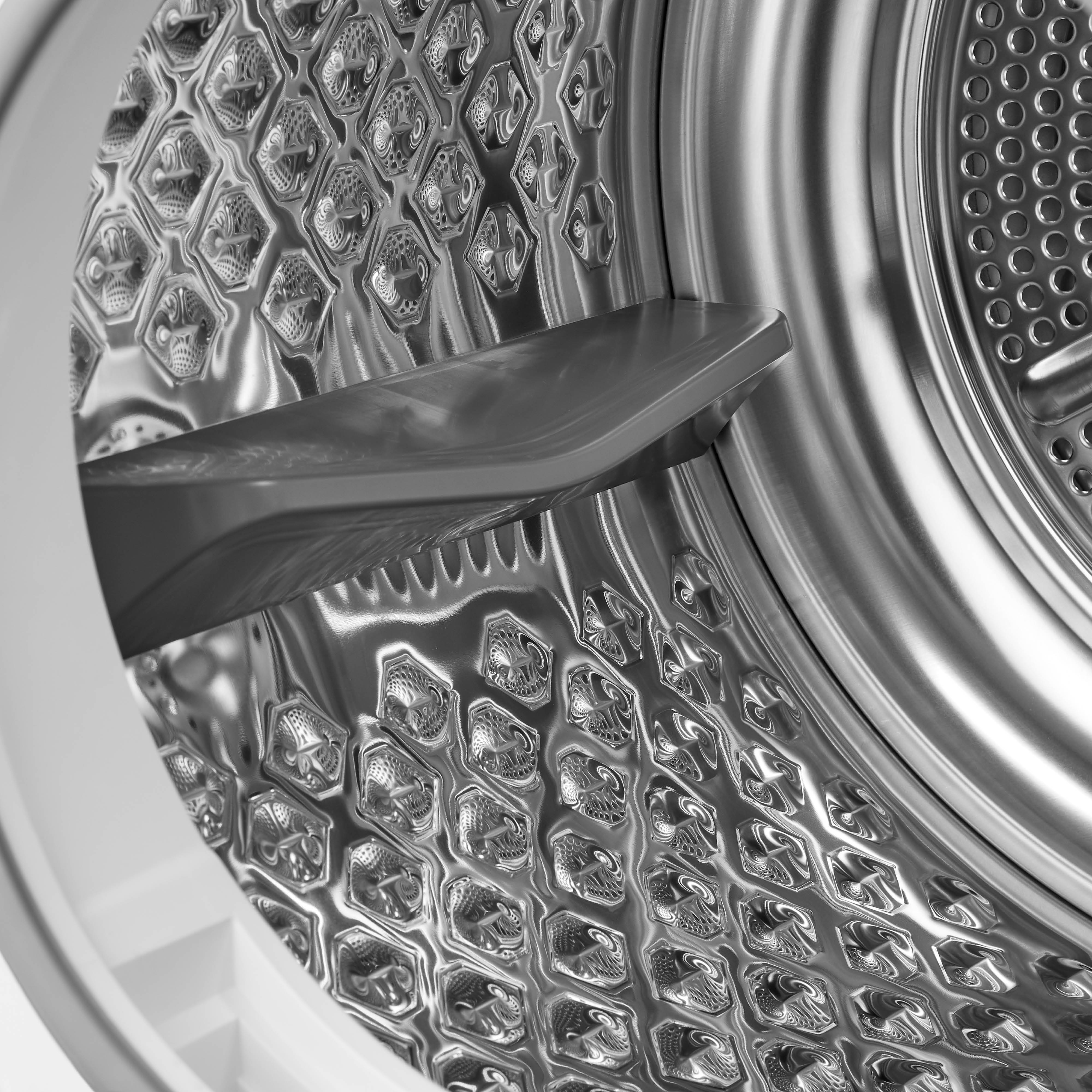 Metal washing machine drum with a lifter and honeycomb pattern.