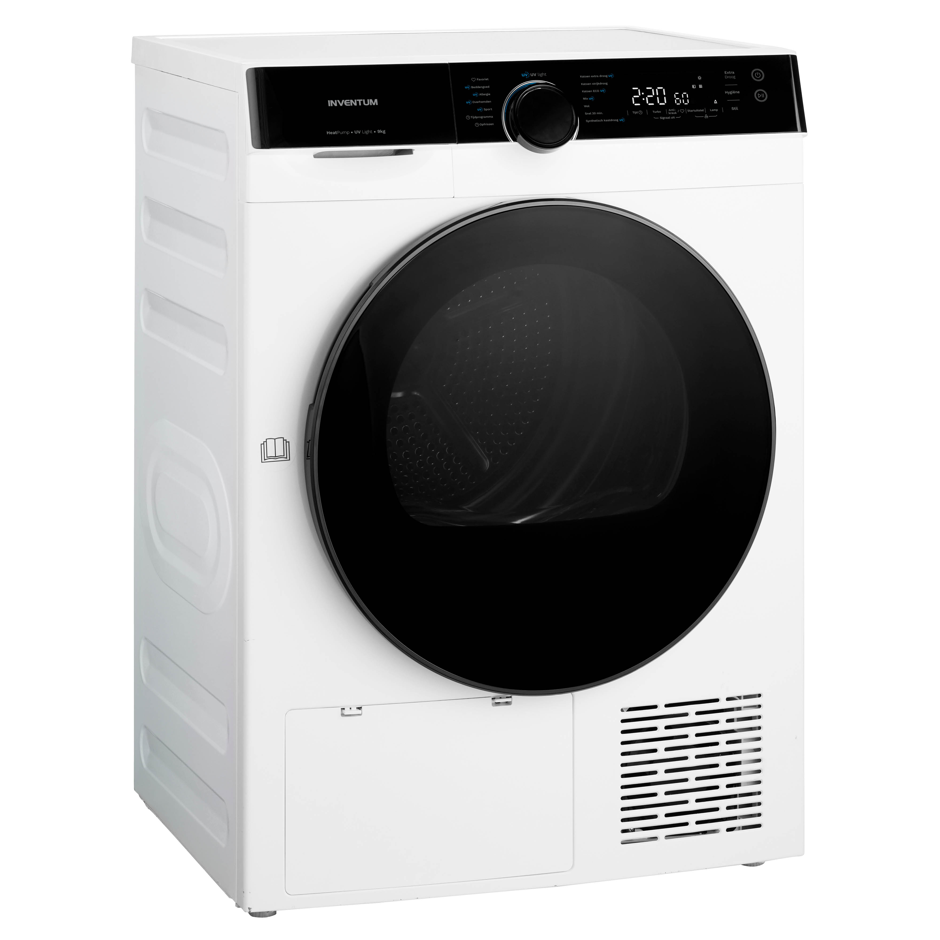 A white clothes dryer with a black door and control panel.