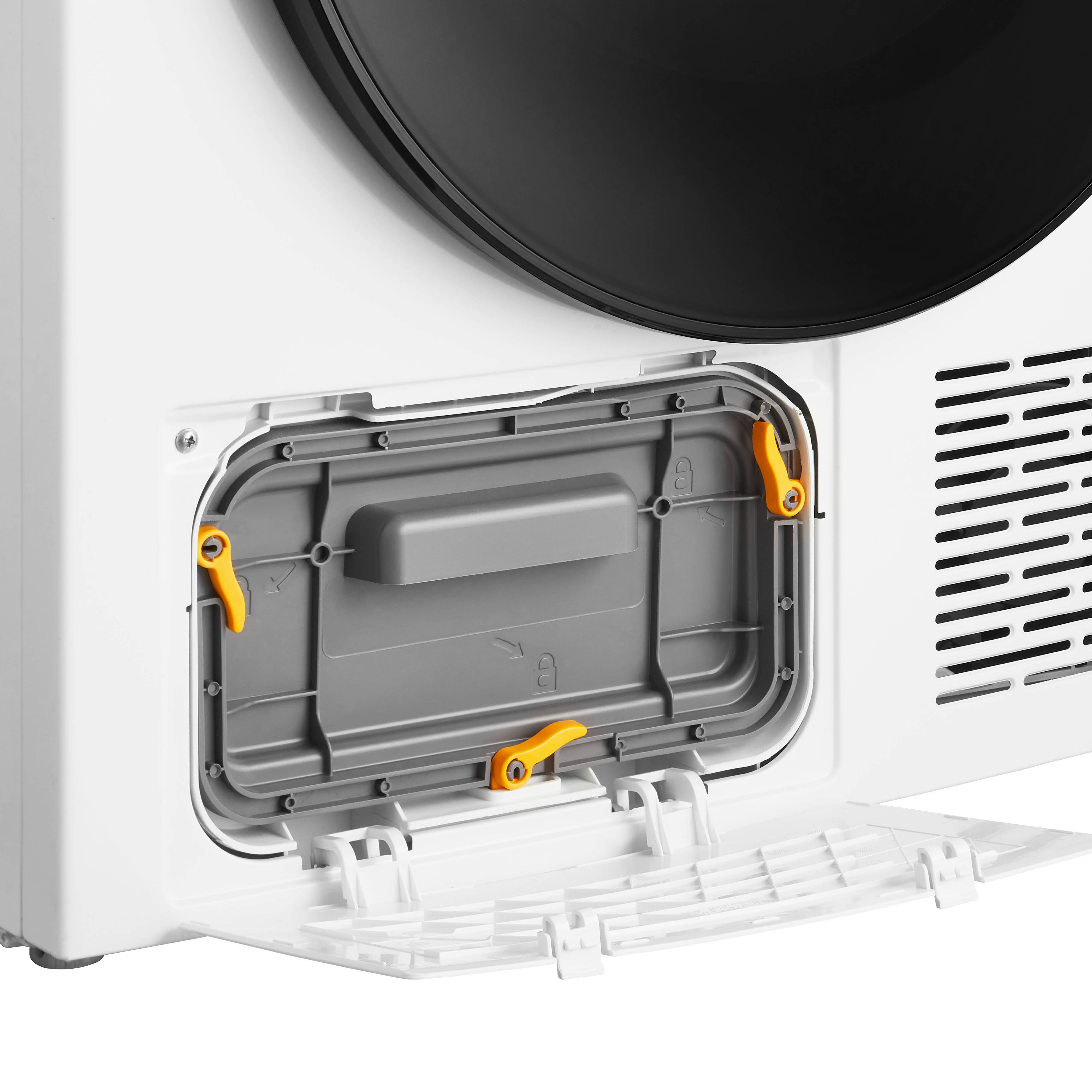 A white dryer with an open compartment and yellow latches.