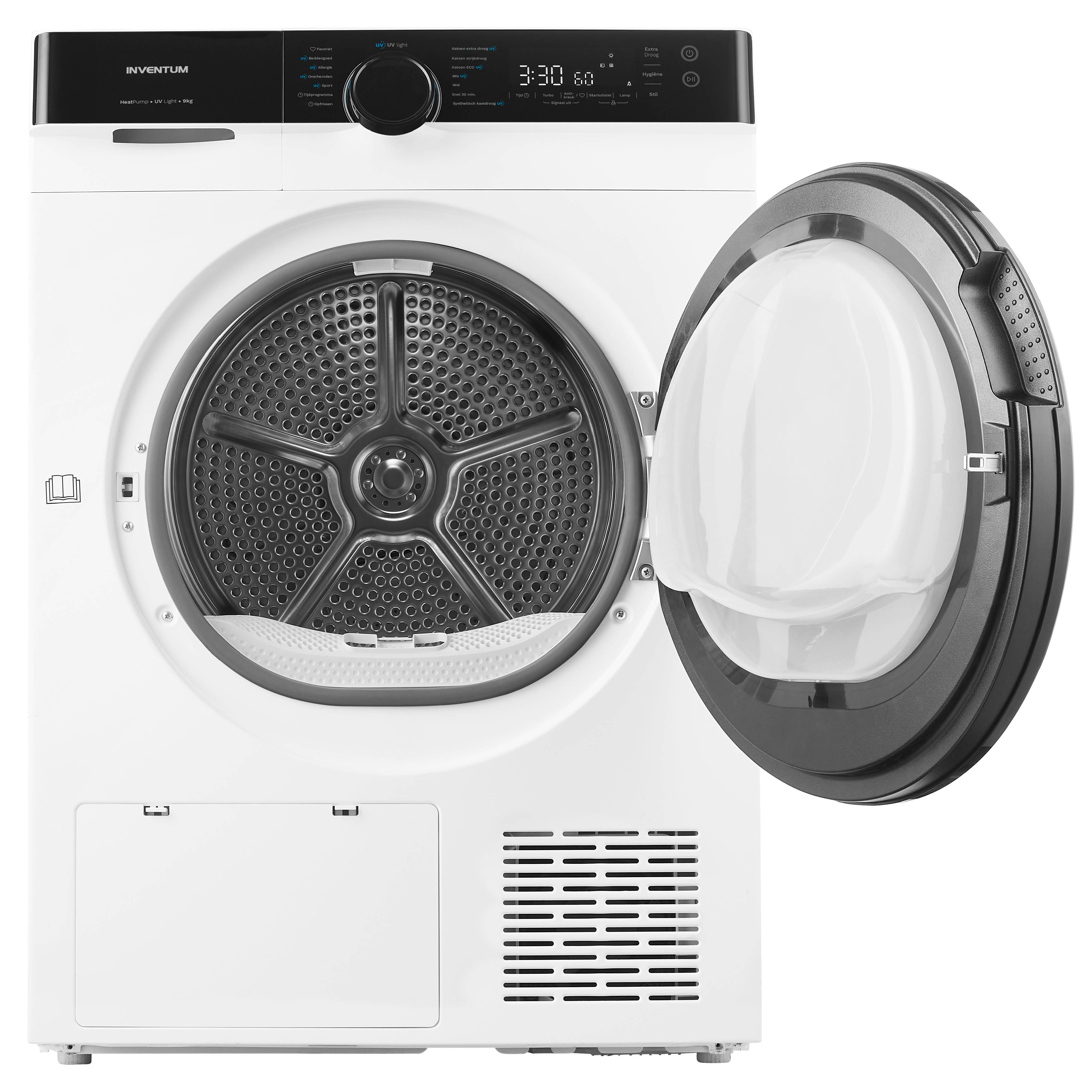 A white Inventum tumble dryer with its door open and control panel illuminated.
