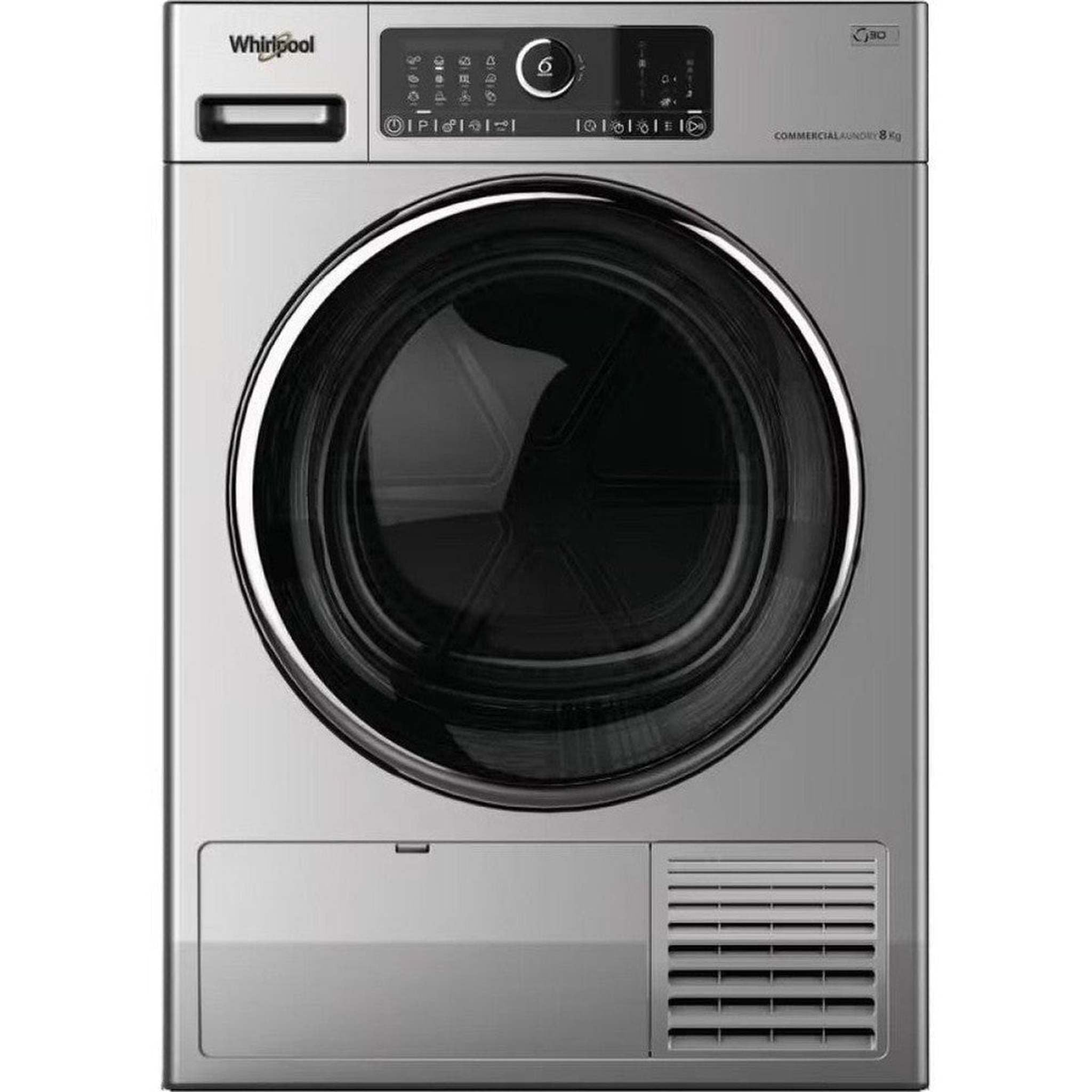 A silver Whirlpool dryer front view with a black door and control panel.