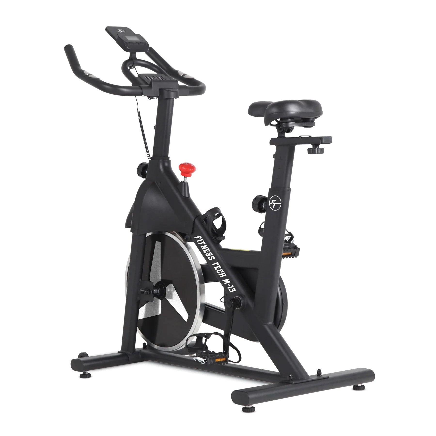 Cyclette nera con display digitale e sedile regolabile.