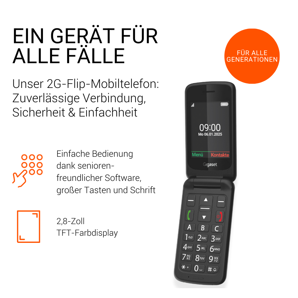 Un teléfono plegable Gigaset abierto con teclado y pantalla. Círculo naranja con texto.