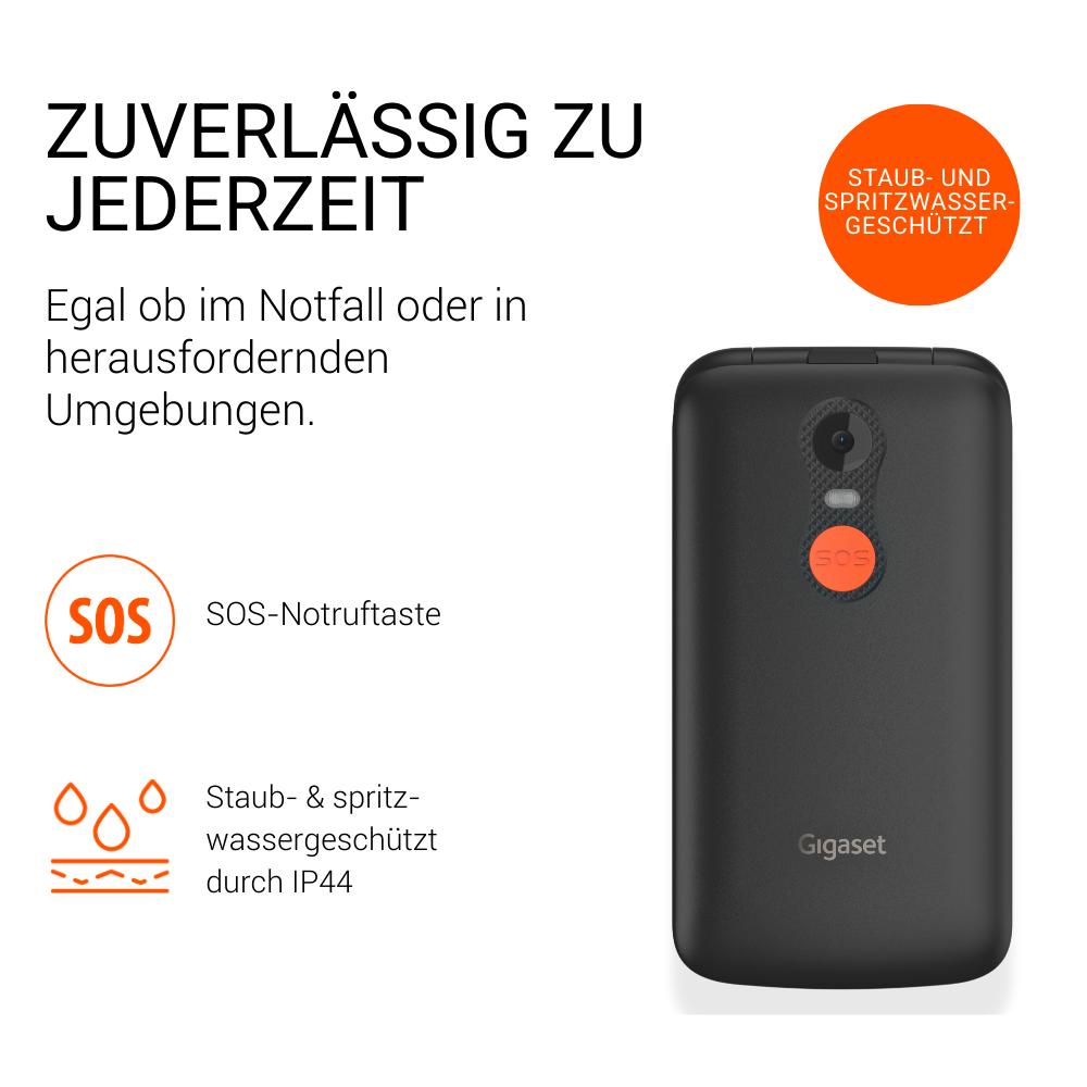 Vista trasera de un teléfono móvil Gigaset negro con botón SOS y cámara.