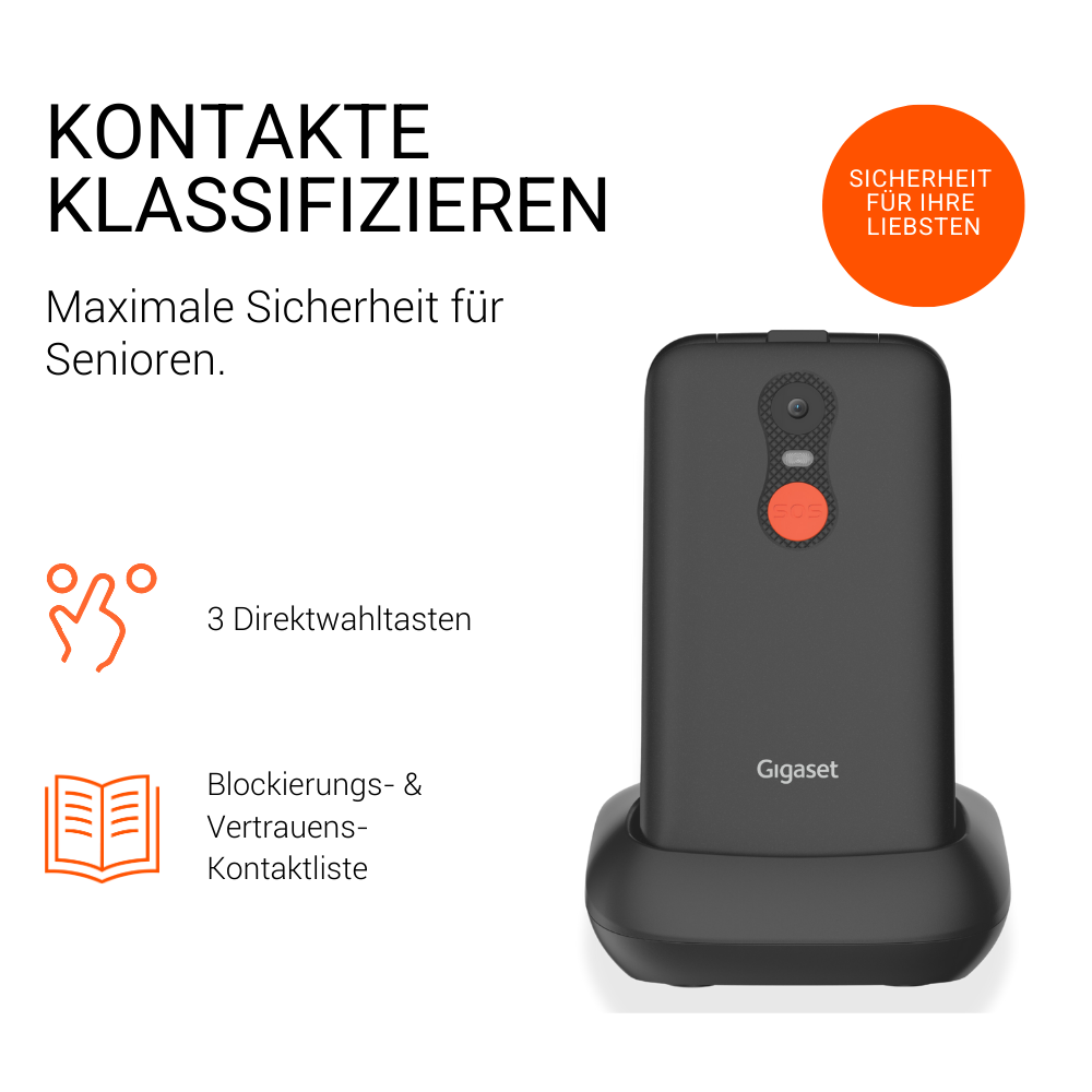 Un teléfono Gigaset negro con botón SOS está en una base de carga. A su lado hay iconos de gestos y un libro.
