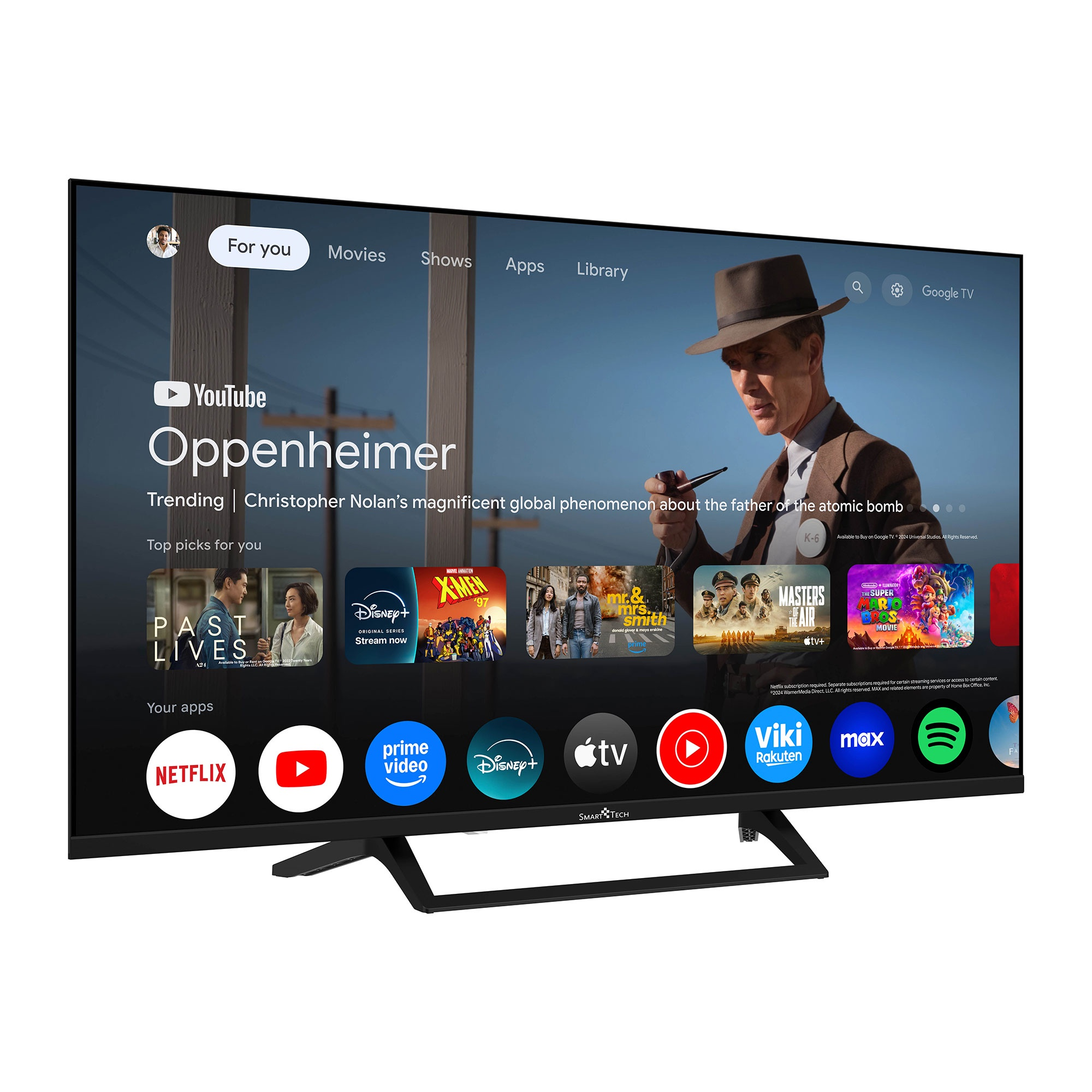 Ein moderner Fernseher zeigt die Google TV-Oberfläche mit Filmen und Apps.