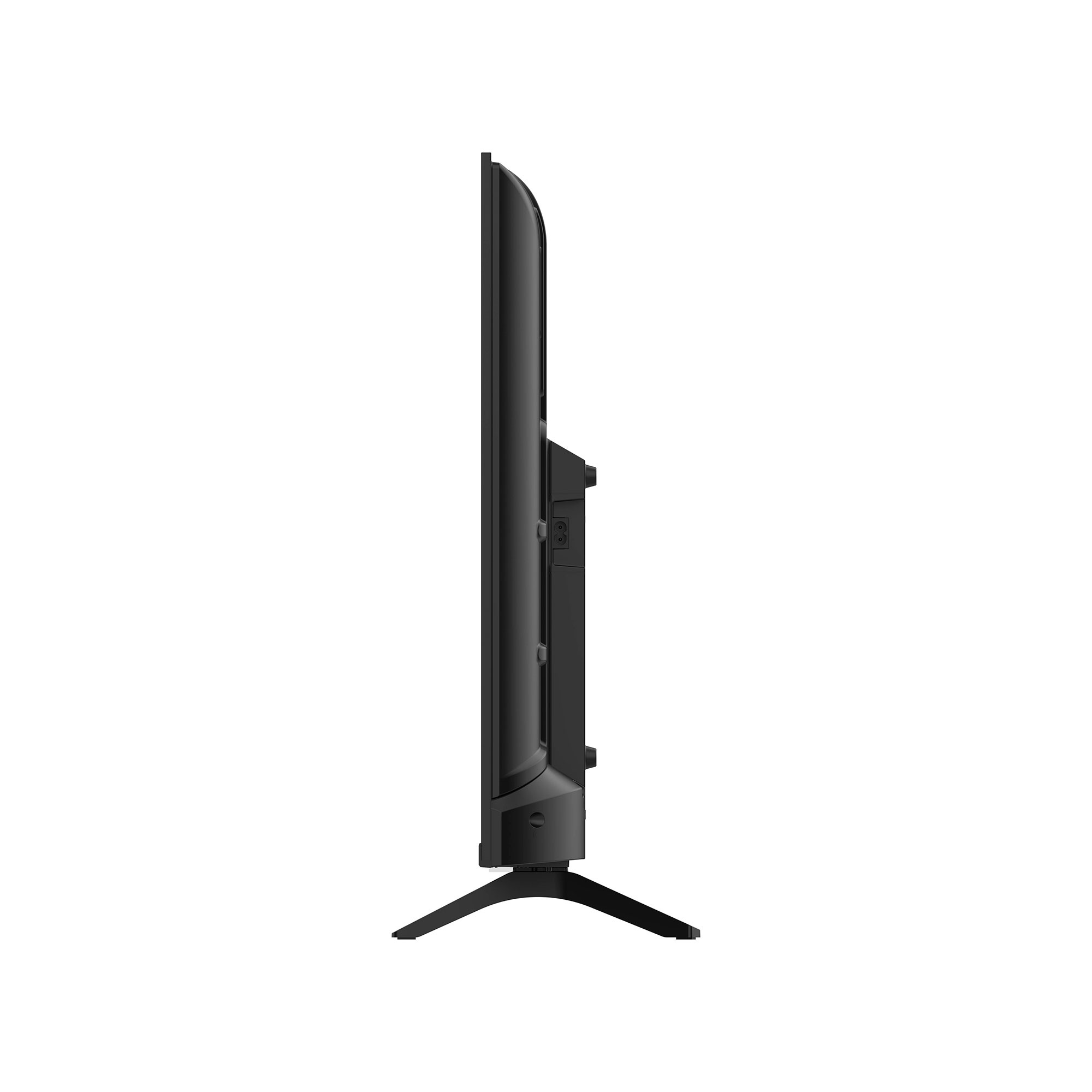 Schwarzer Fernseher im Profil mit einem Ständer auf weißem Hintergrund.