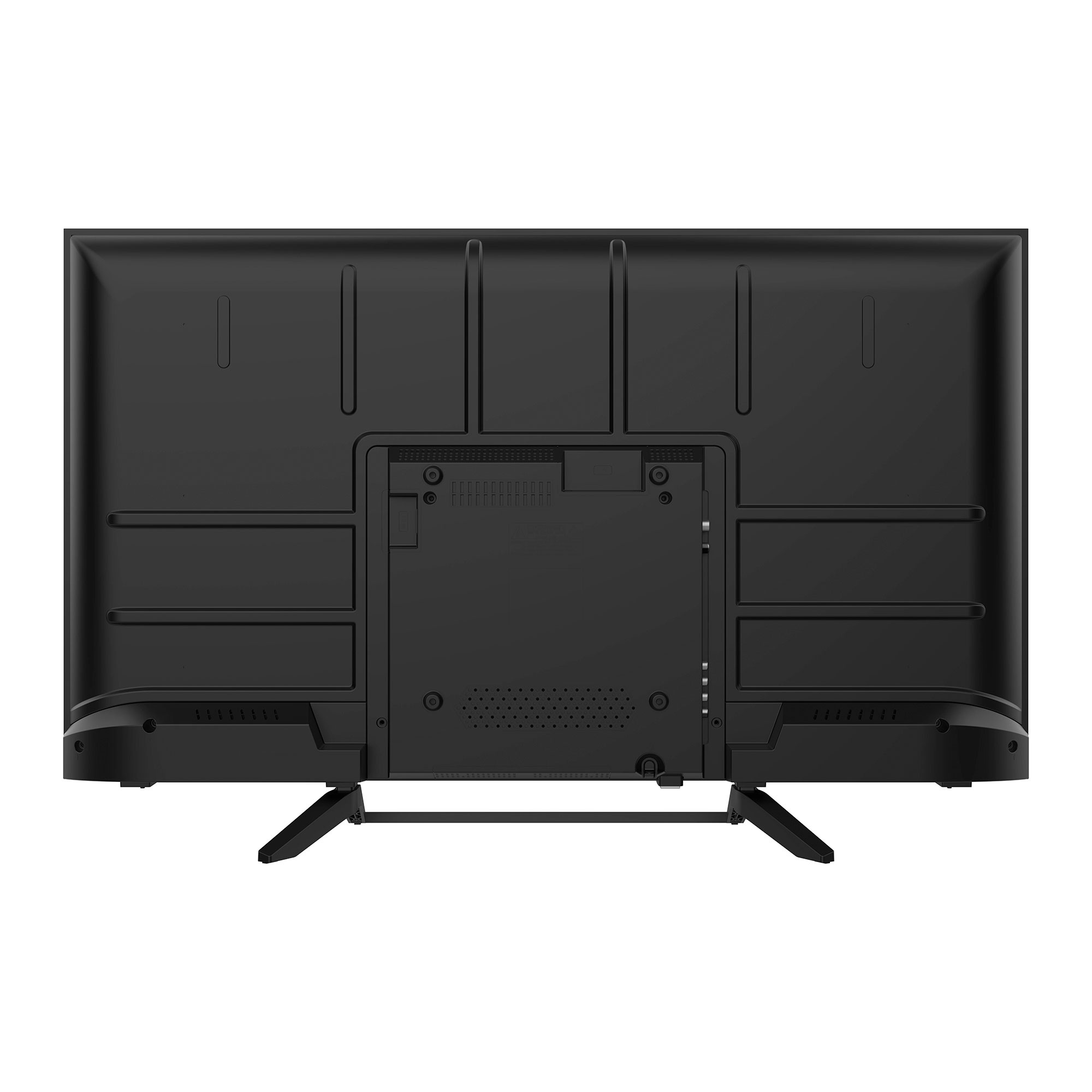 Rückseite eines schwarzen Fernsehers mit Ständern und Anschlüssen.