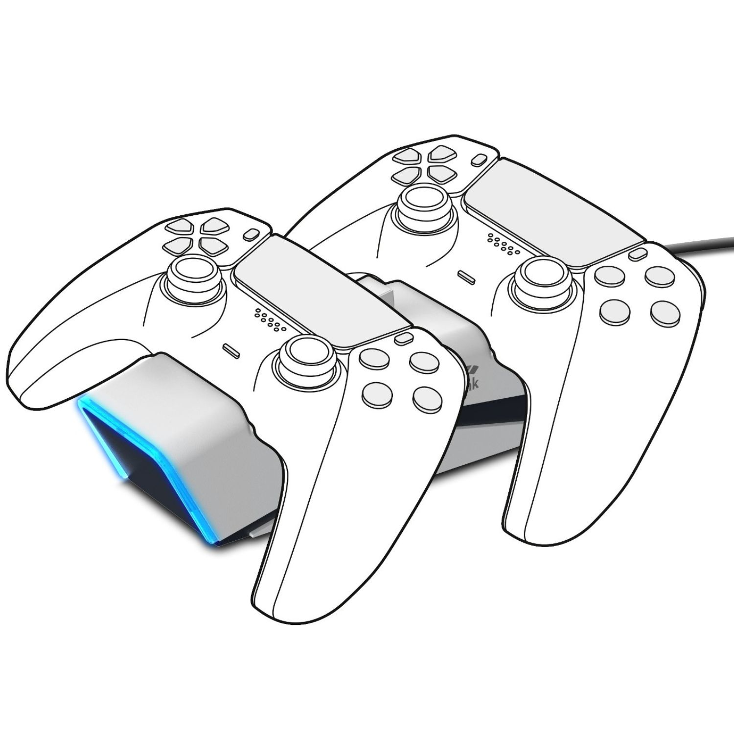 Zwei weiße Controller auf einer Ladestation mit blauer Beleuchtung.