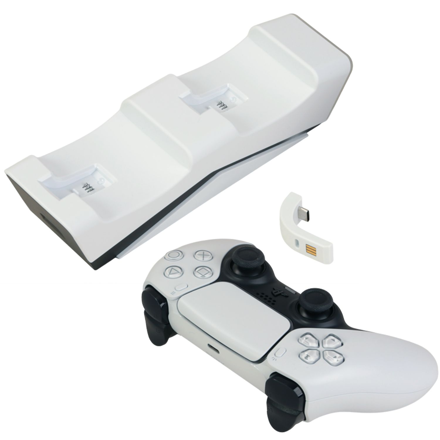 Ein weißes Controller-Ladegerät und ein Controller sind auf weißem Hintergrund zu sehen.